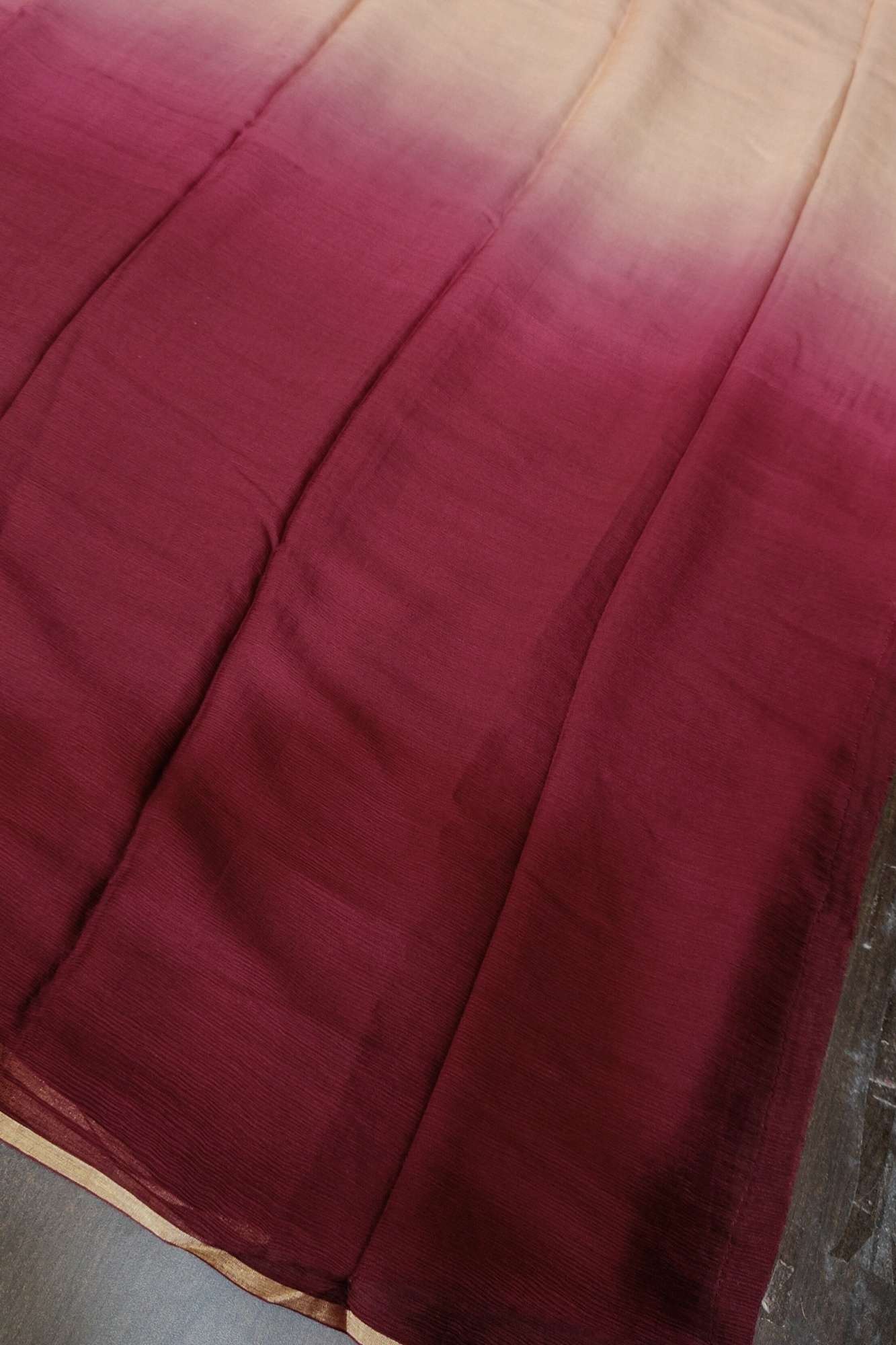 Ready To Wear Bollywood style ombre pure chiffon Saree in Salmon and Plum, No Blouse Piece