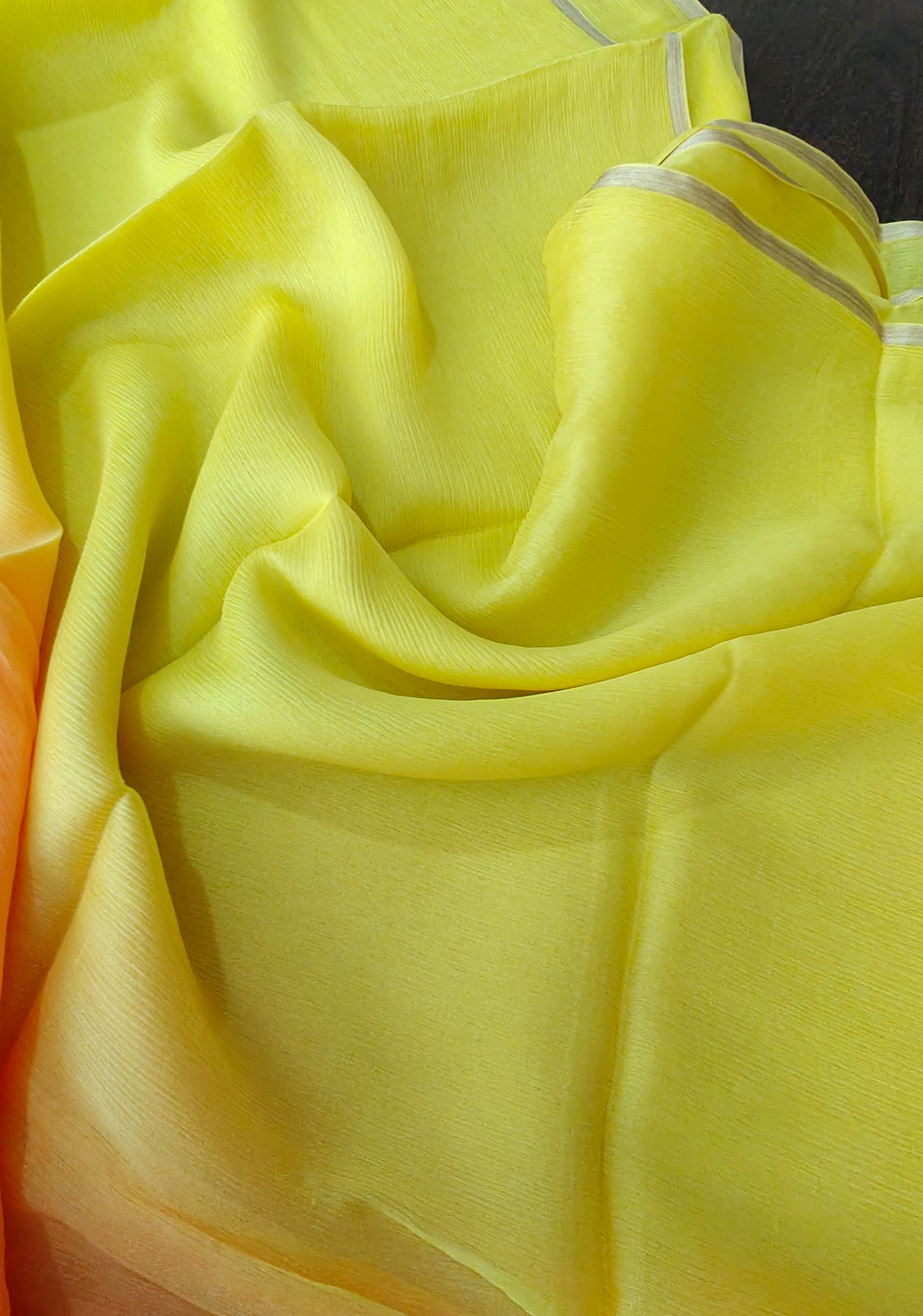 Bollywood style ombre pure chiffon Saree in Coral Pink and Yellow, No Blouse Piece | Shobitam
