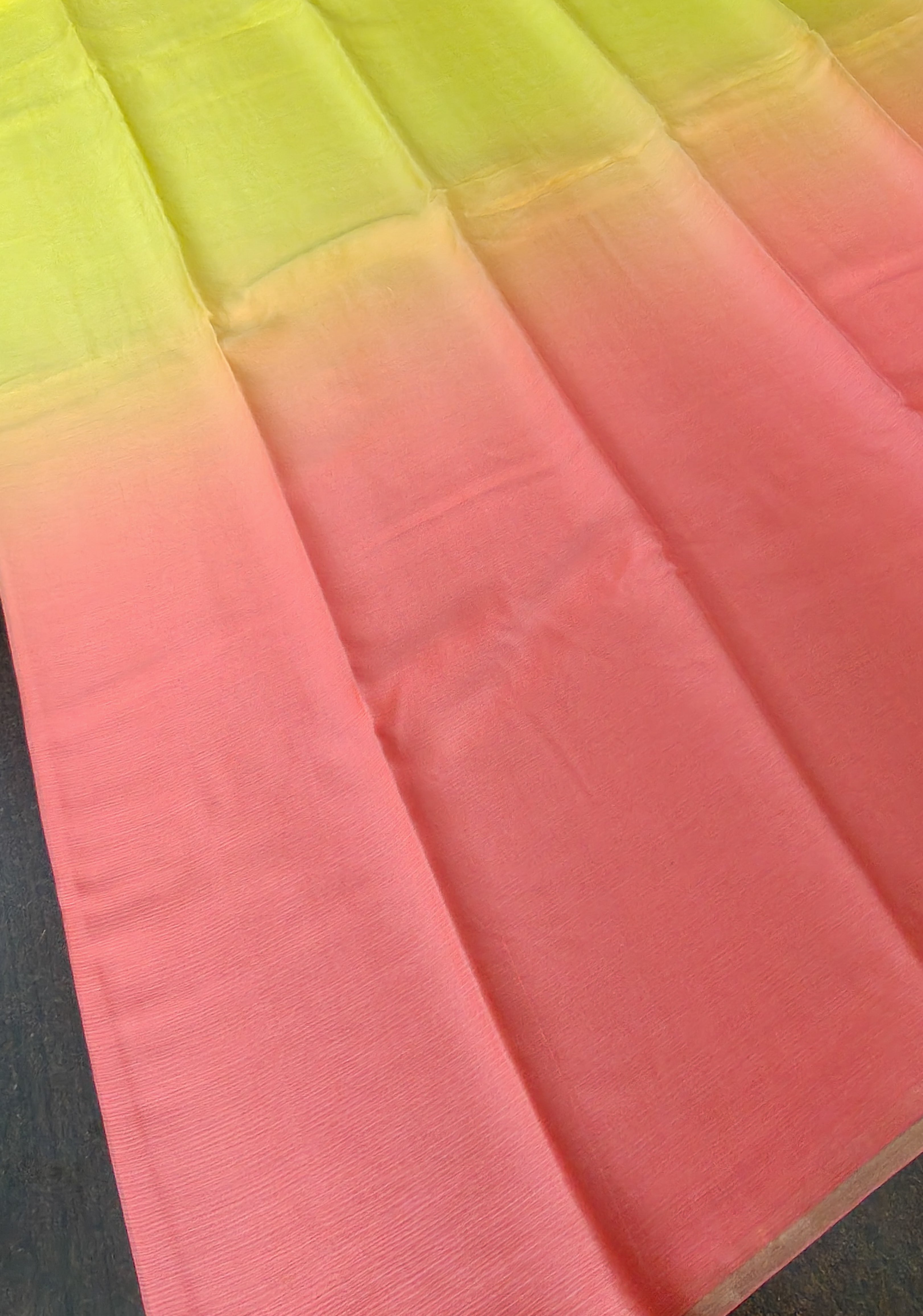 Bollywood style ombre pure chiffon Saree in Coral Pink and Yellow, No Blouse Piece | Shobitam