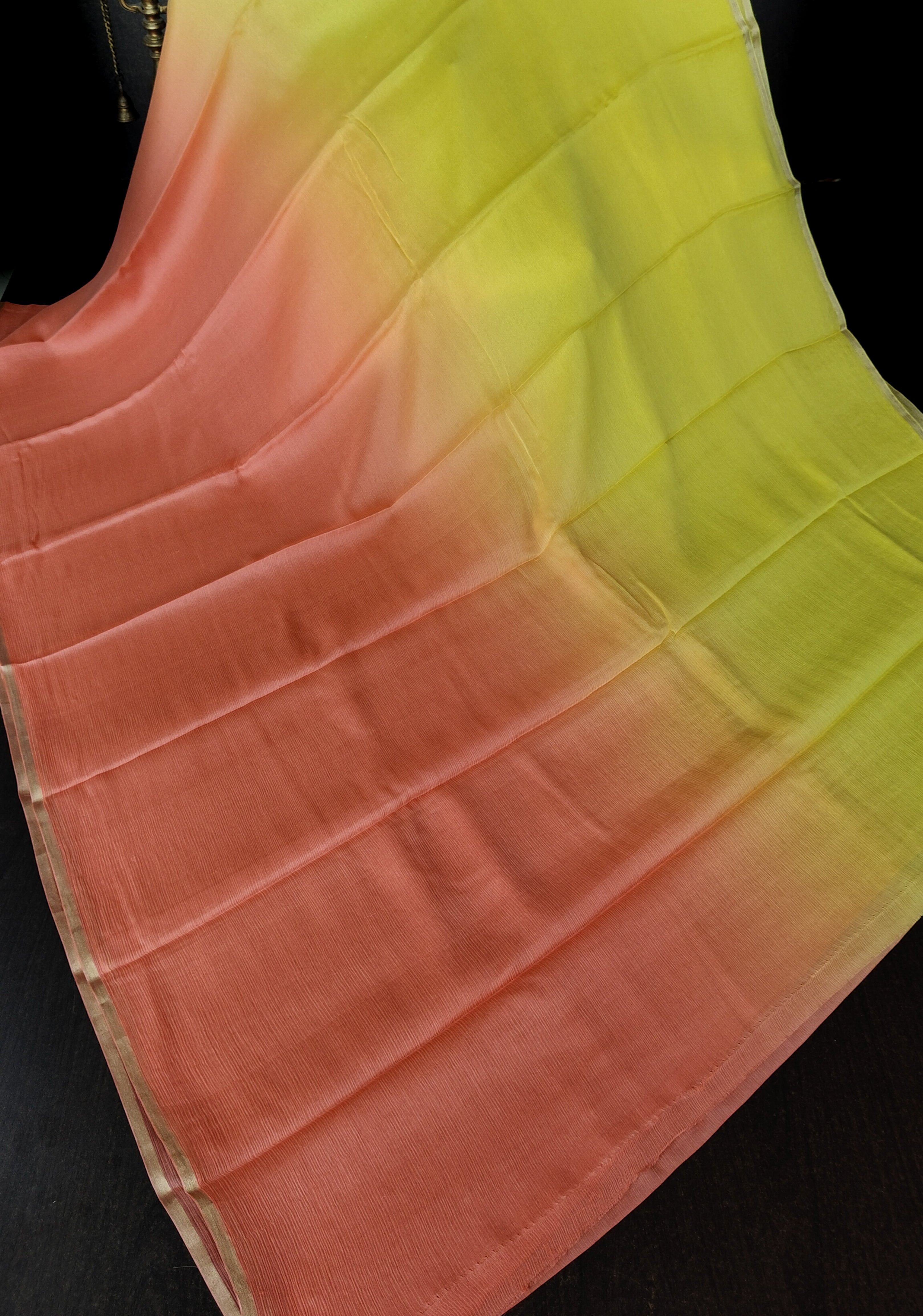 Bollywood style ombre pure chiffon Saree in Coral Pink and Yellow, No Blouse Piece | Shobitam