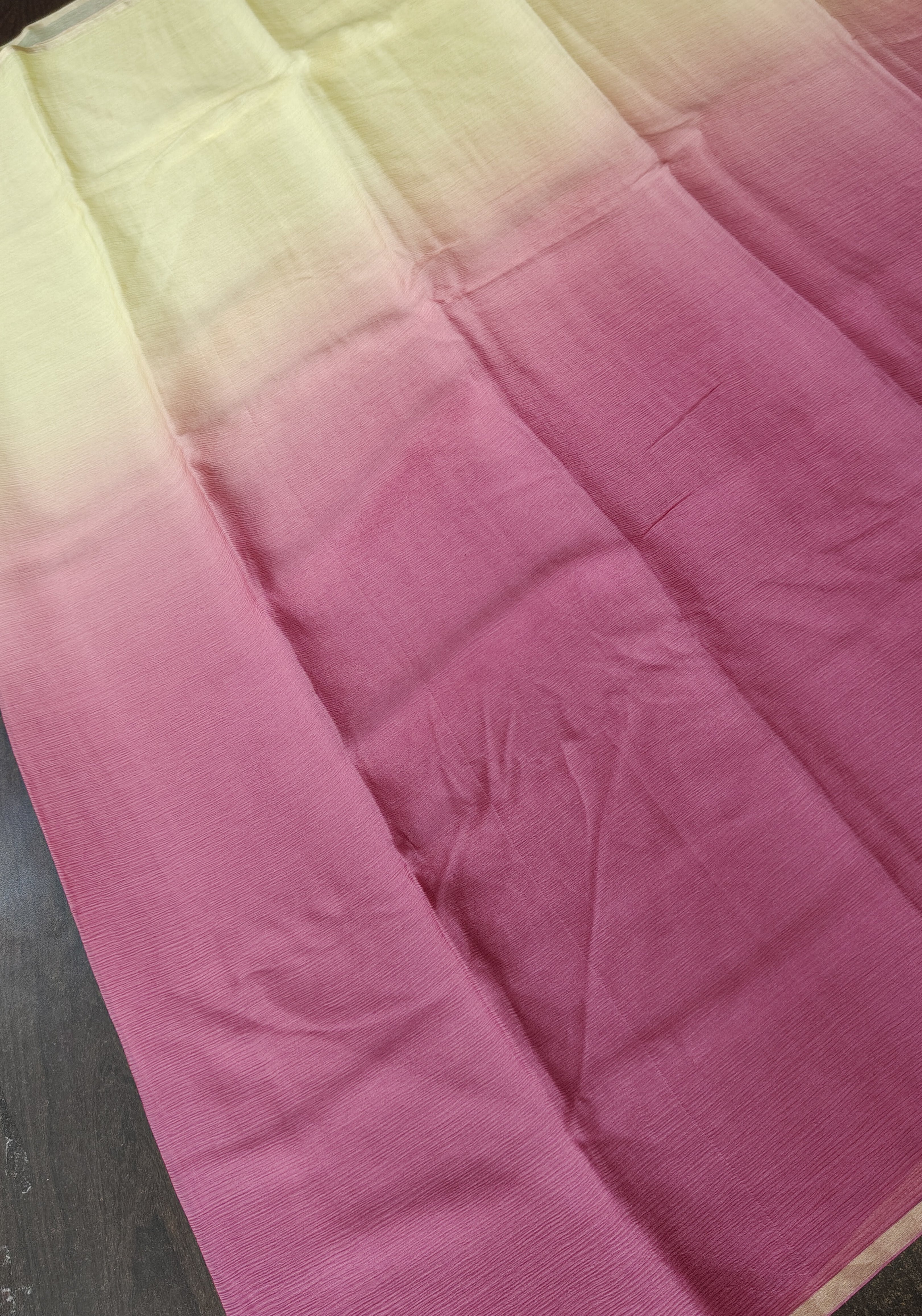 Bollywood style ombre pure chiffon Saree in Butter Yellow and Strawberry Pink, No Blouse Piece | Shobitam