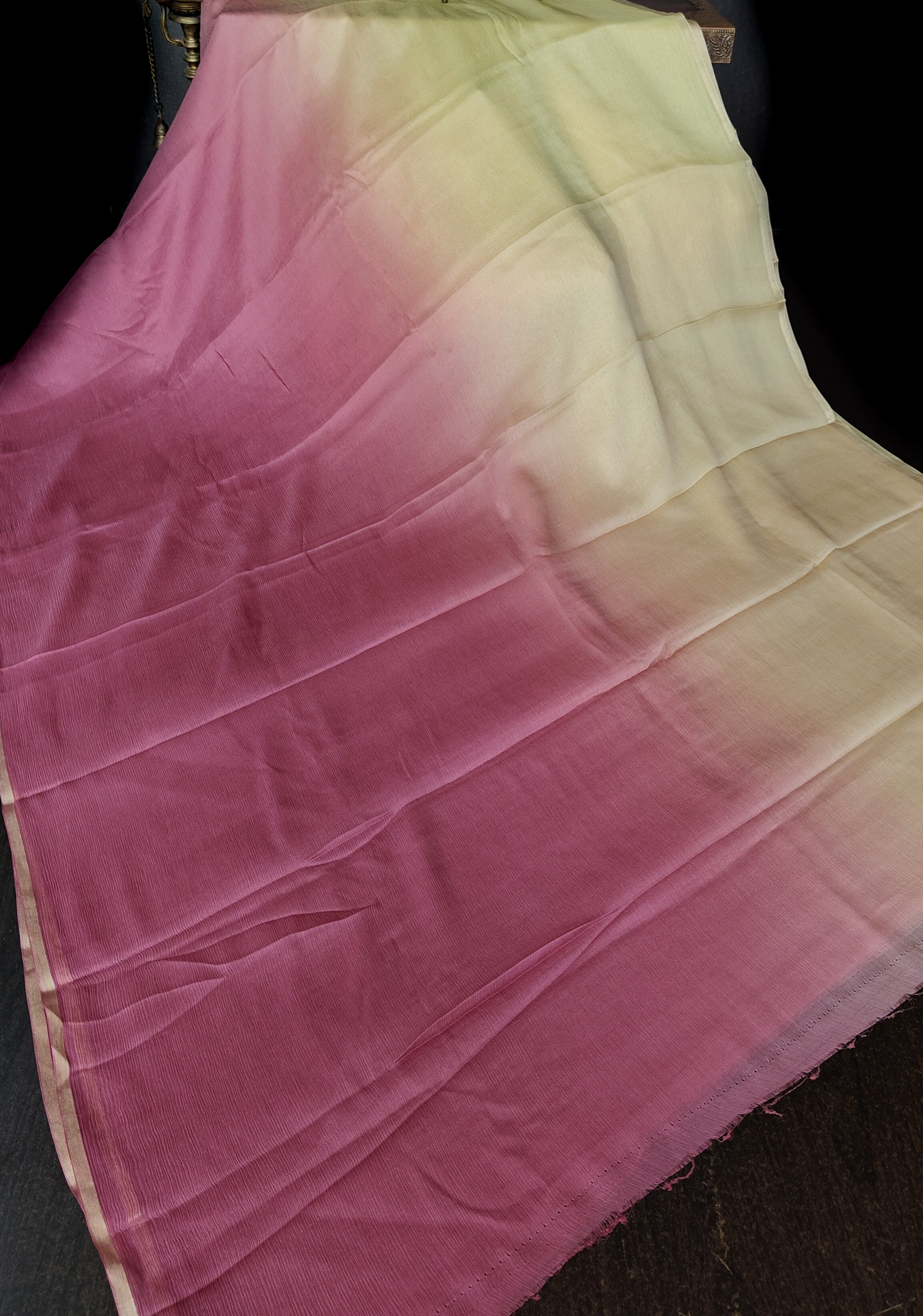 Bollywood style ombre pure chiffon Saree in Butter Yellow and Strawberry Pink, No Blouse Piece | Shobitam