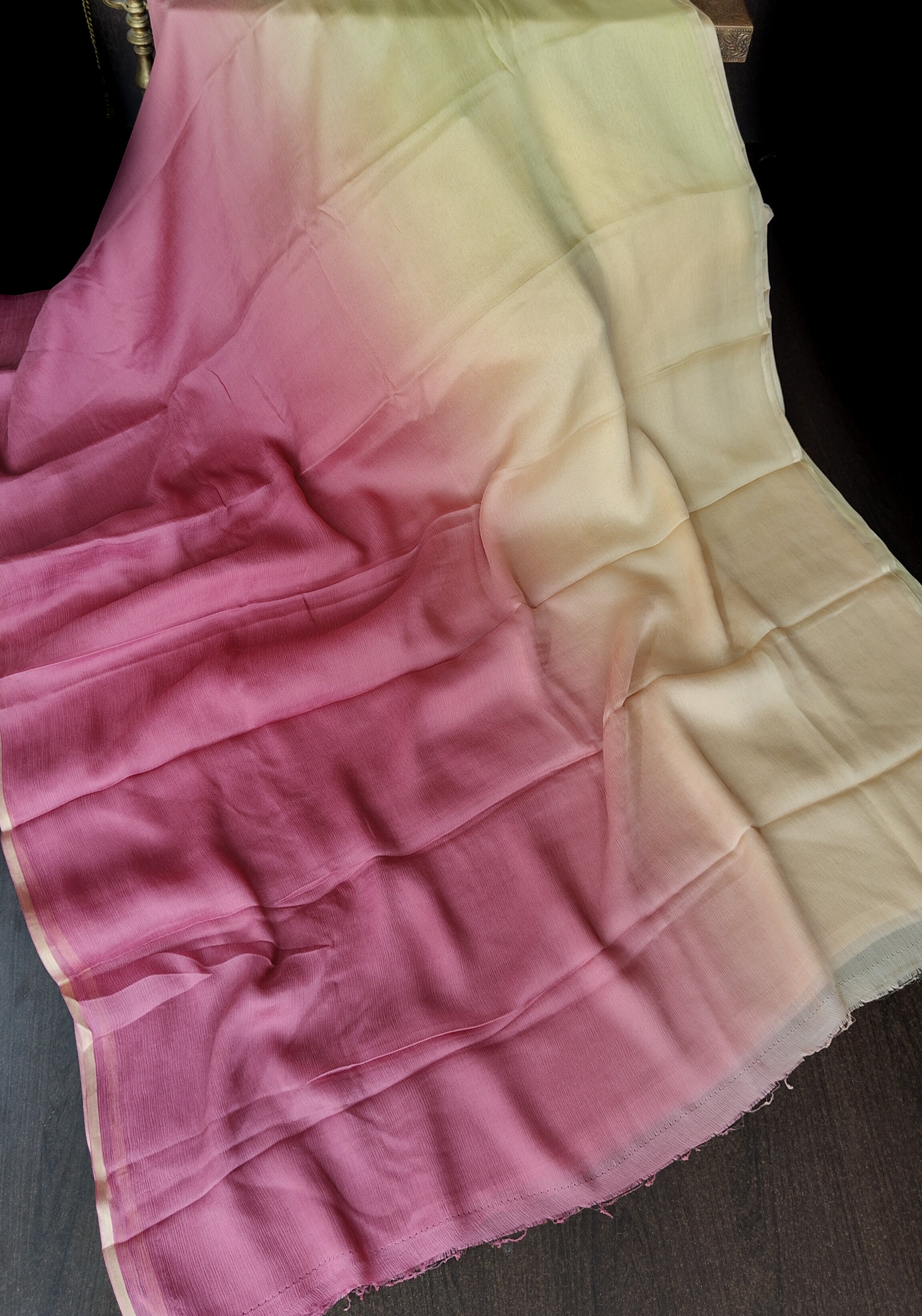 Bollywood style ombre pure chiffon Saree in Butter Yellow and Strawberry Pink, No Blouse Piece | Shobitam