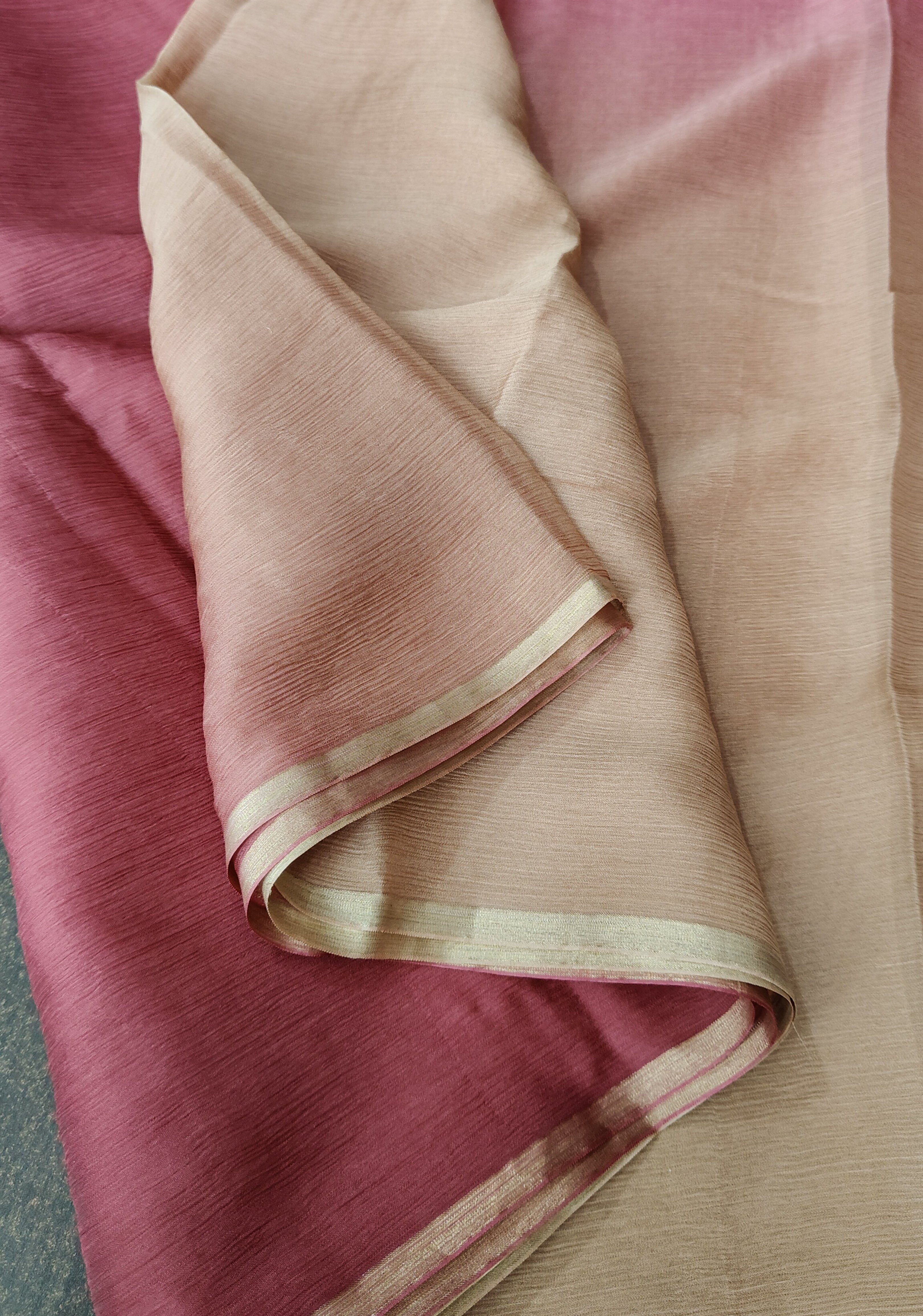Bollywood style ombre pure chiffon Saree in Pink andSand, No Blouse Piece | SHOBITAM