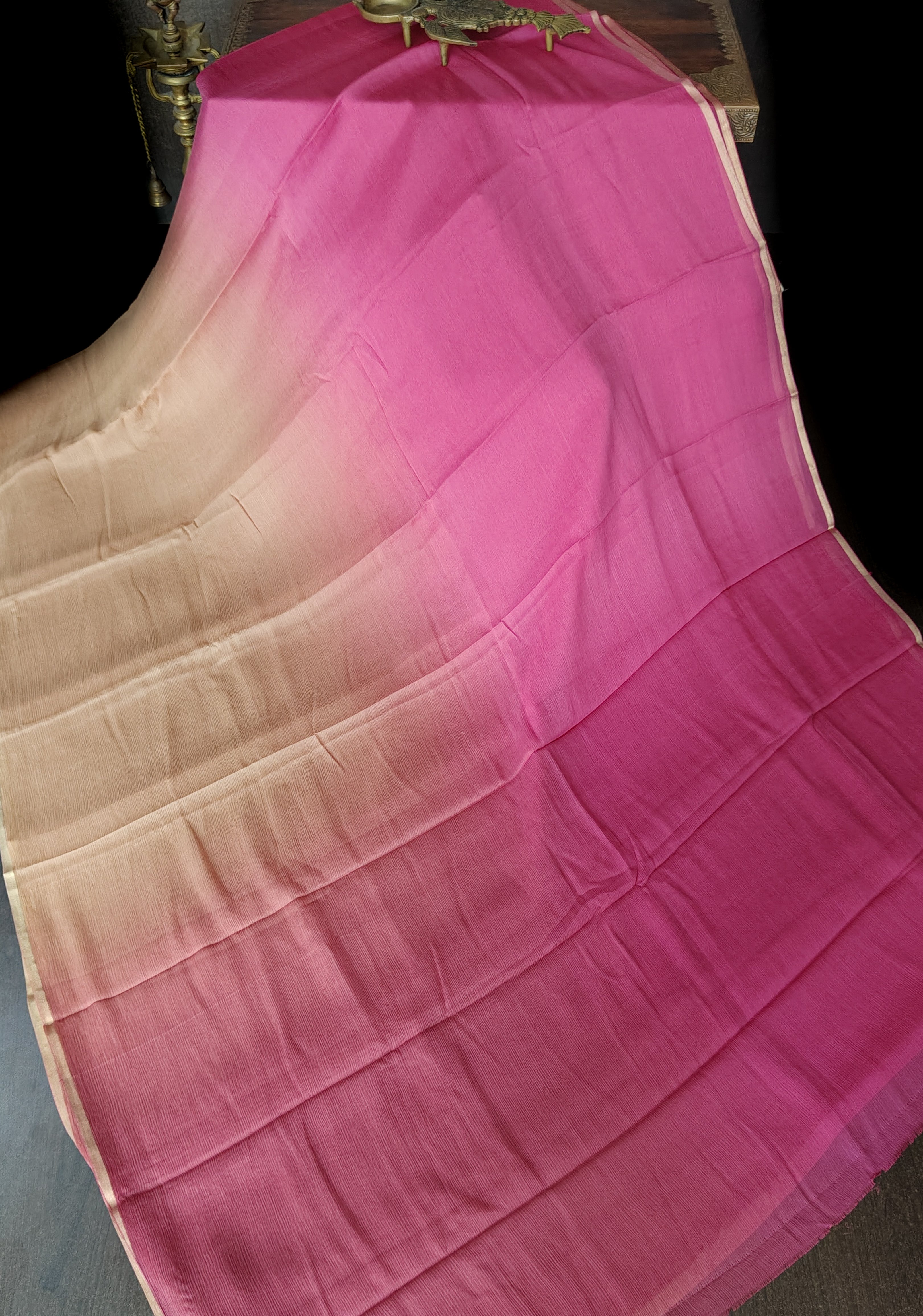 Bollywood style ombre pure chiffon Saree in Pink andSand, No Blouse Piece | SHOBITAM