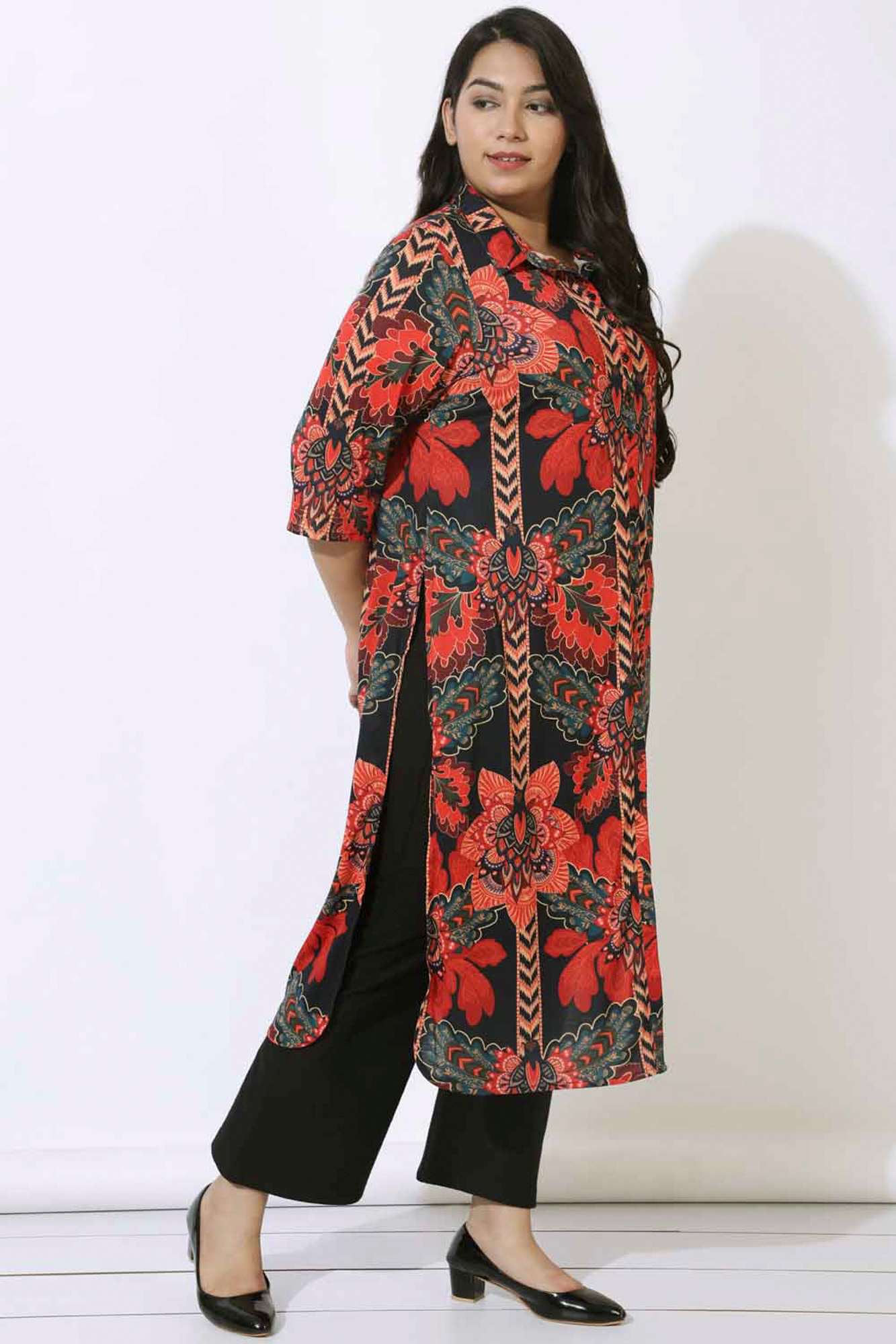 Plus Size Black Tropical Print Kurta & Shrug Covertible in Blended knit fabric | Made to Order