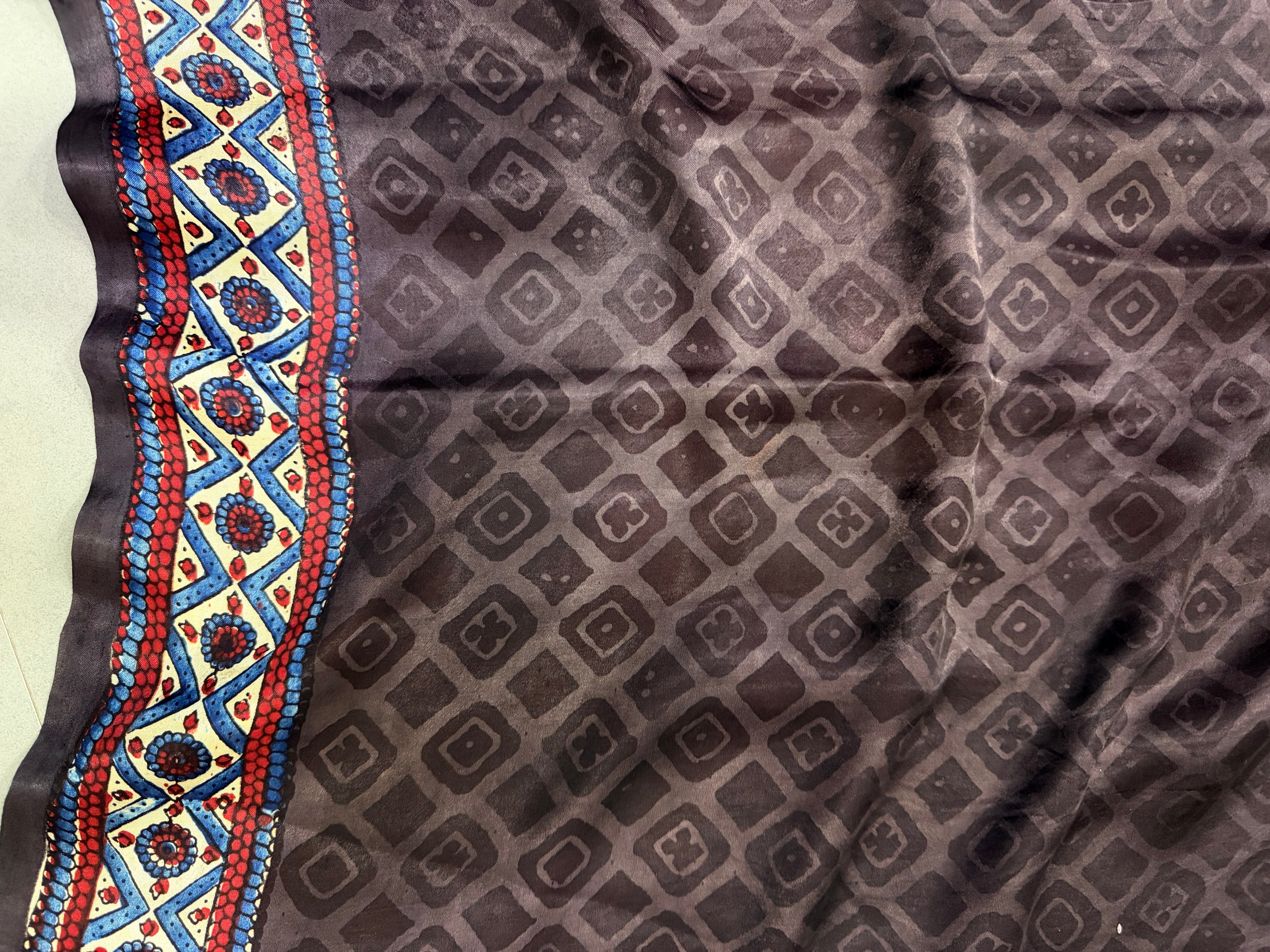 Blood Red Ajrakh Hand Block Print on Modal Silk Saree with Contrast Cream Border | Shobitam