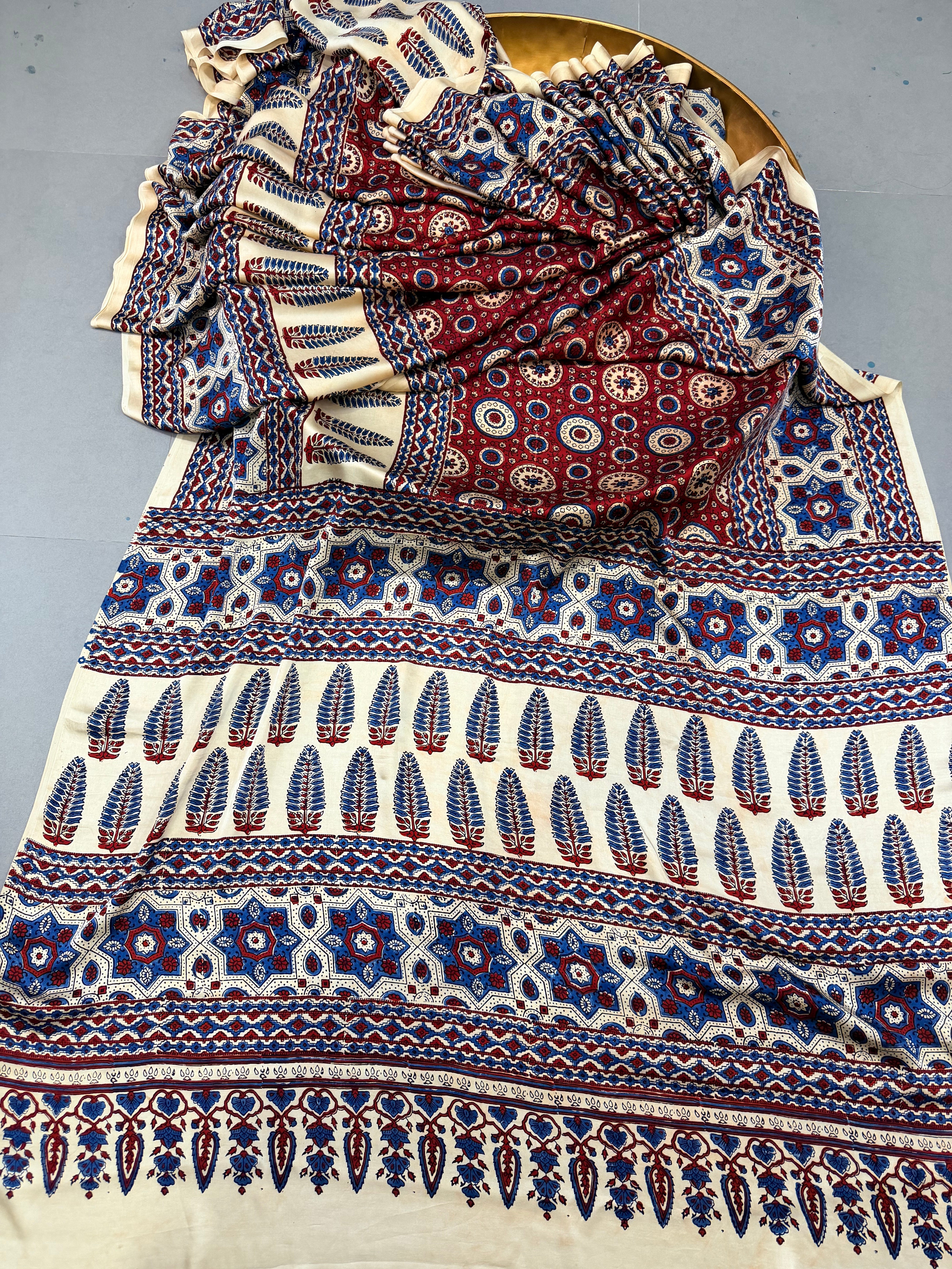 Blood Red Ajrakh Hand Block Print on Modal Silk Saree with Contrast Cream Border | Shobitam