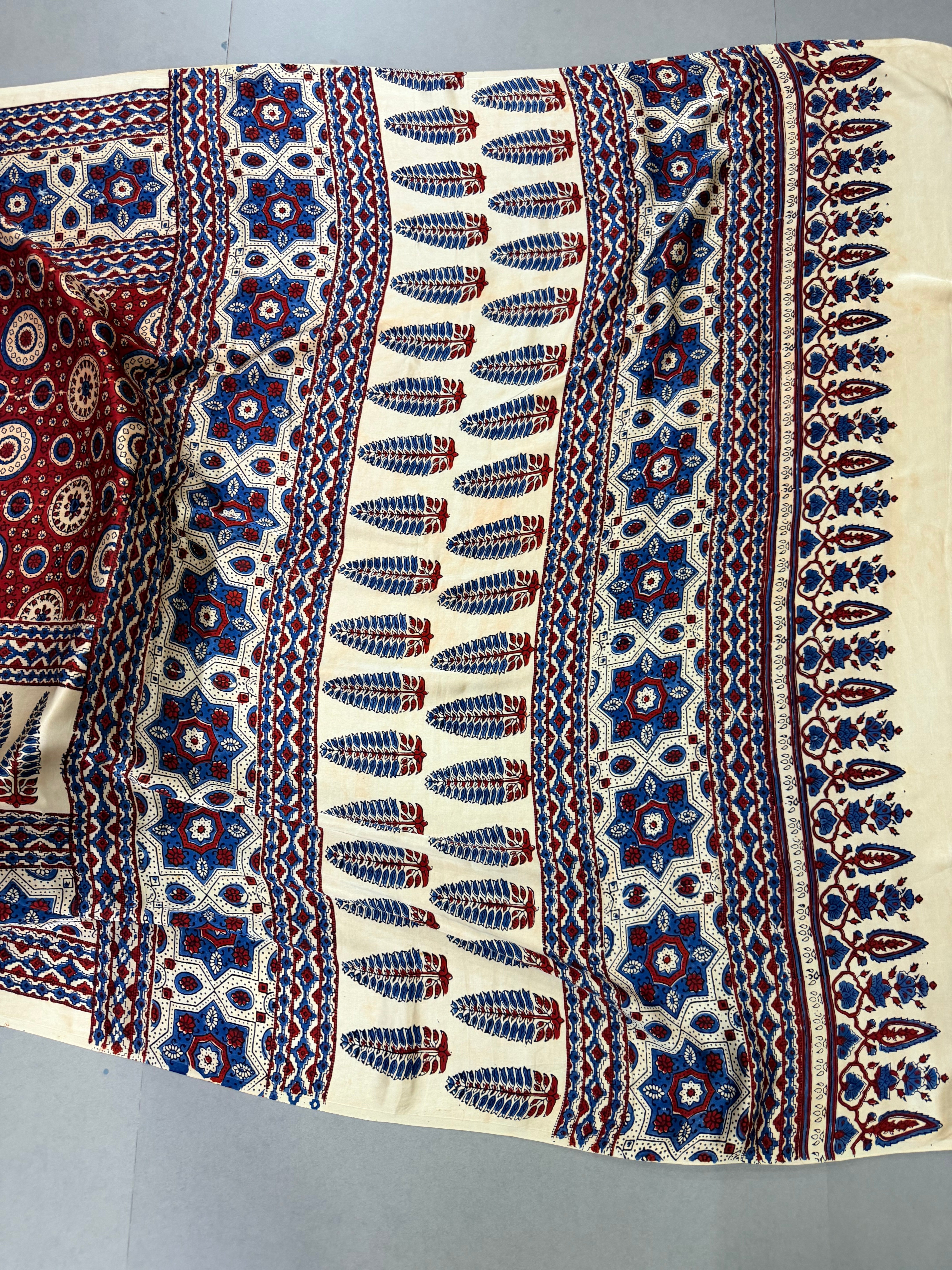 Blood Red Ajrakh Hand Block Print on Modal Silk Saree with Contrast Cream Border | Shobitam