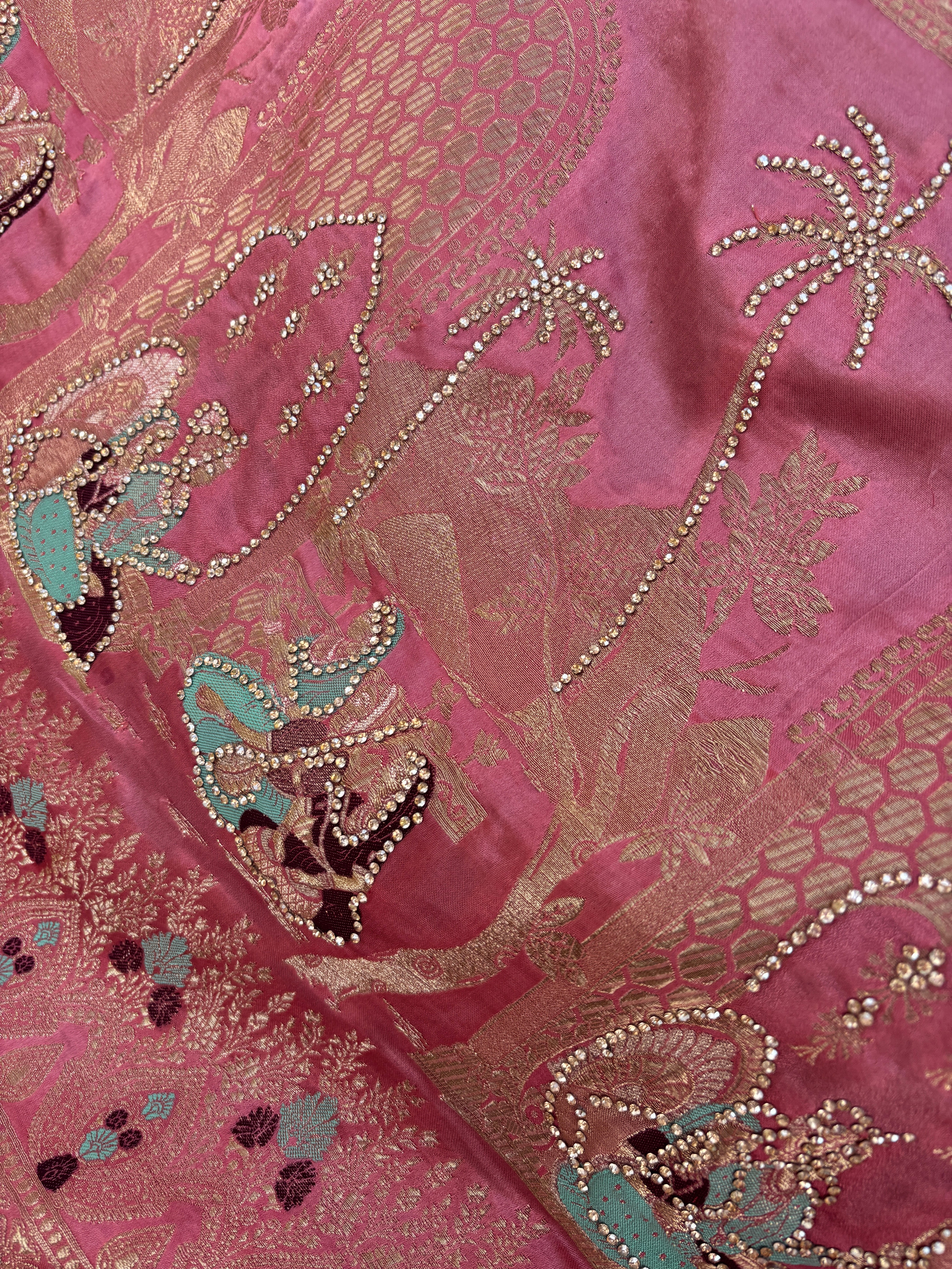 Designer Banarasi Satin Silk With Heavily Stone Embellished Palla, ornate blouse piece and Ready To Wear Saree