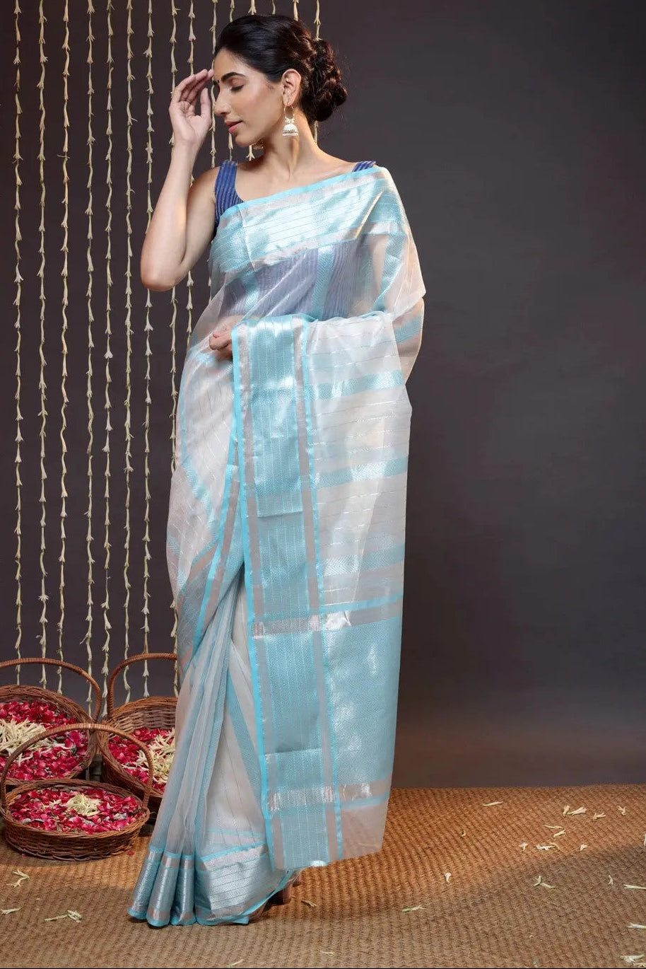 Handloom White Katan Silk Saree Woven With Silver Zari Stripes | Shobitam