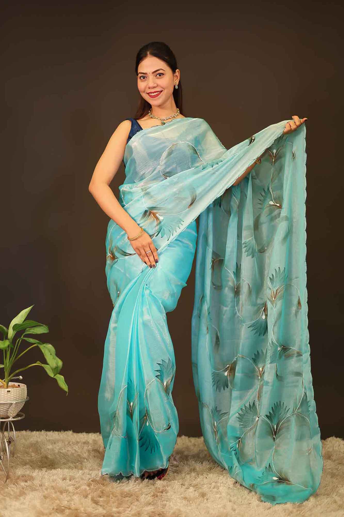 Party Style  Jimmy Choo Saree with Floral Print & Scallop border Wrap in 1 Minute Saree