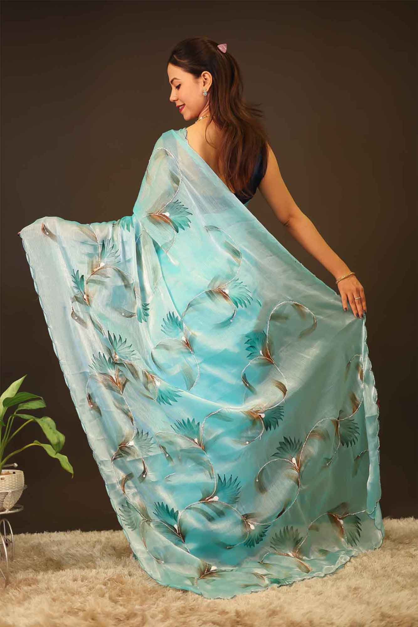 Party Style  Jimmy Choo Saree with Floral Print & Scallop border Wrap in 1 Minute Saree