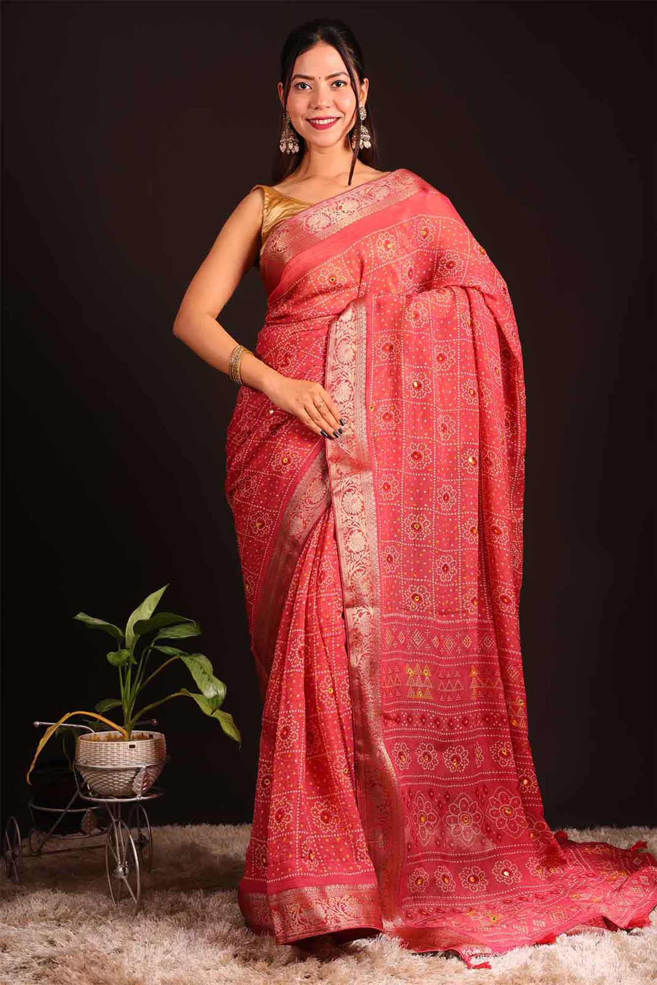 Pre-Stitched  Chiffon  Bandhej Print & Mirror Interwoven Jacquard Border Saree