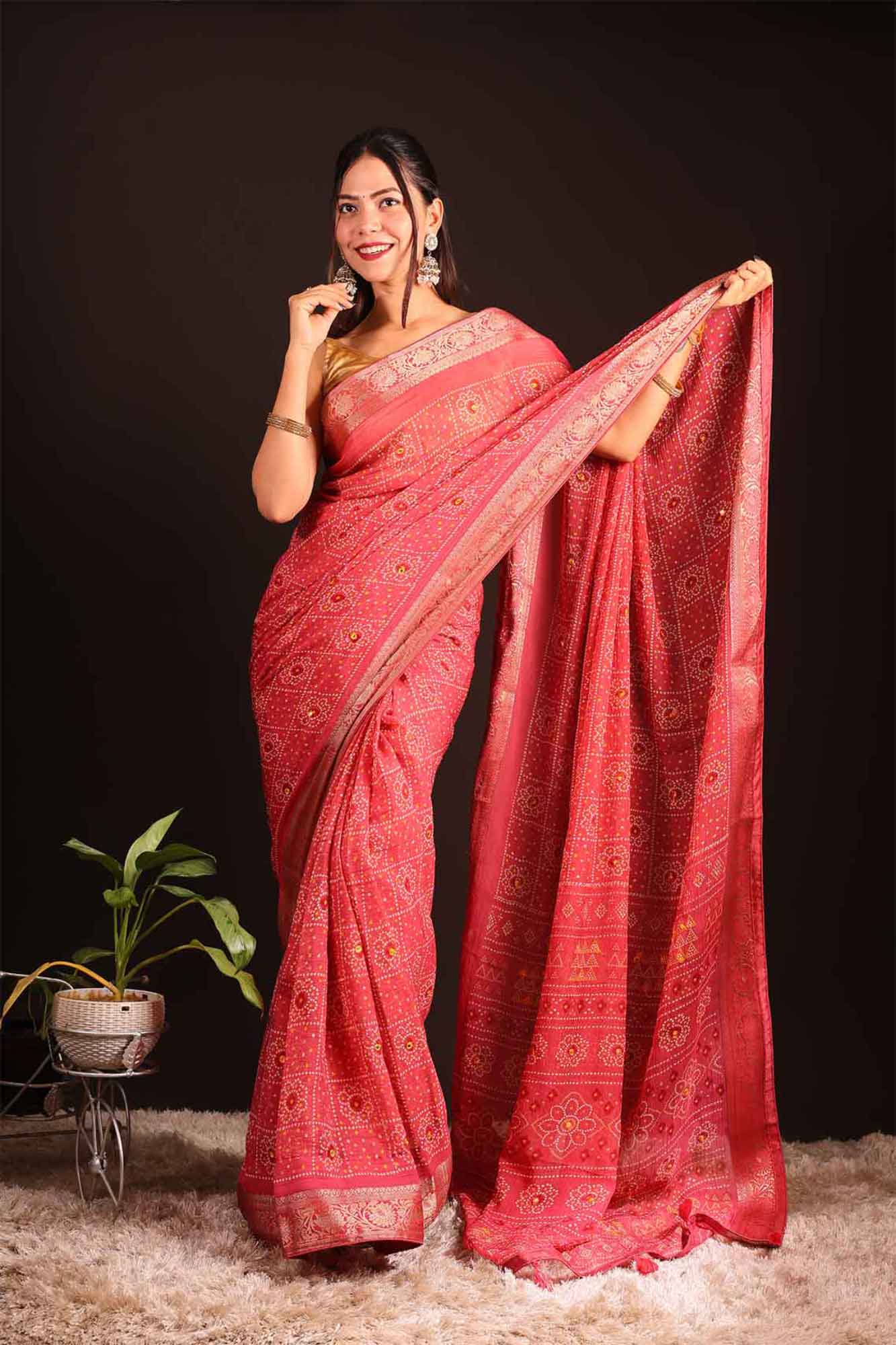 Pre-Stitched  Chiffon  Bandhej Print & Mirror Interwoven Jacquard Border Saree