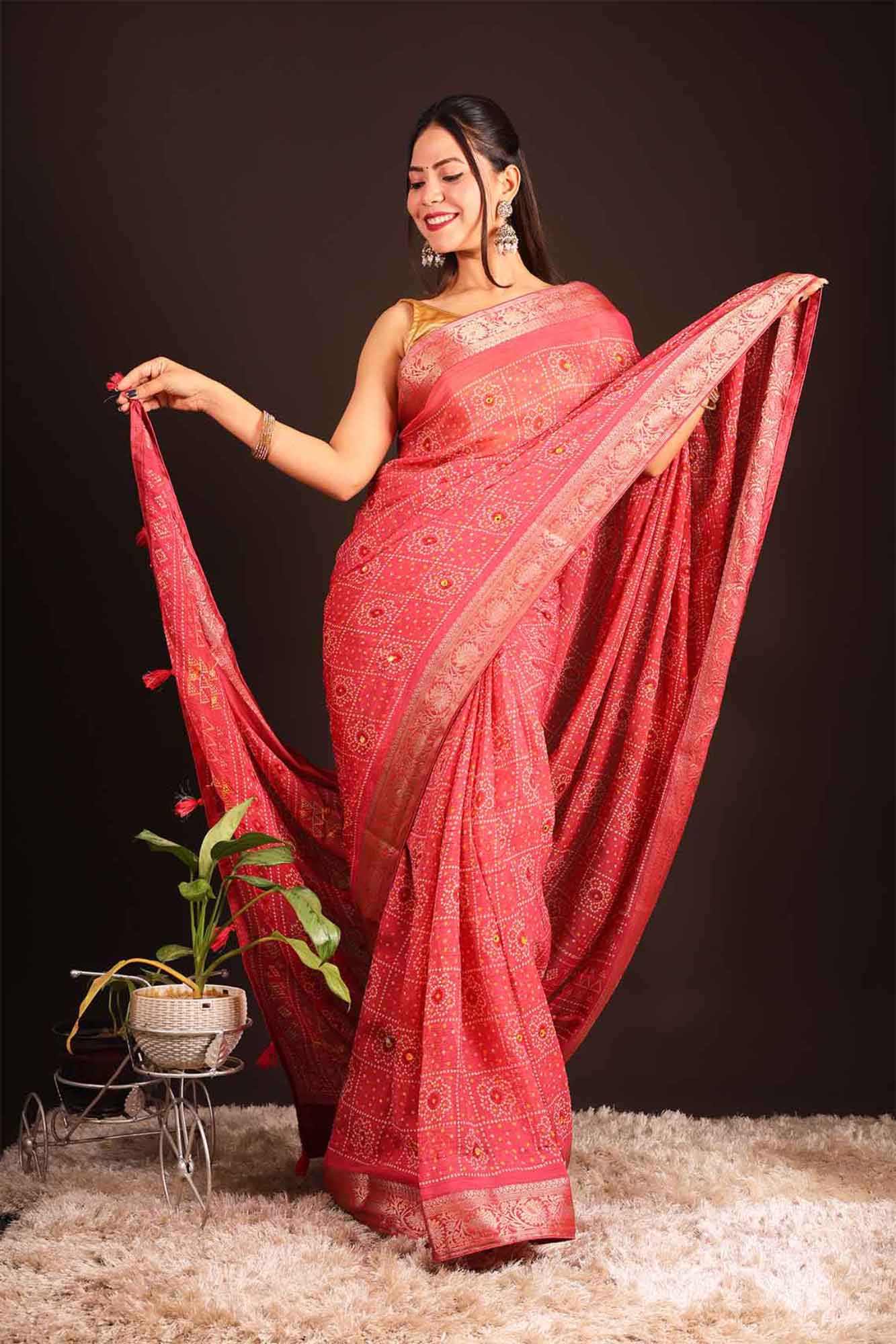 Pre-Stitched  Chiffon  Bandhej Print & Mirror Interwoven Jacquard Border Saree