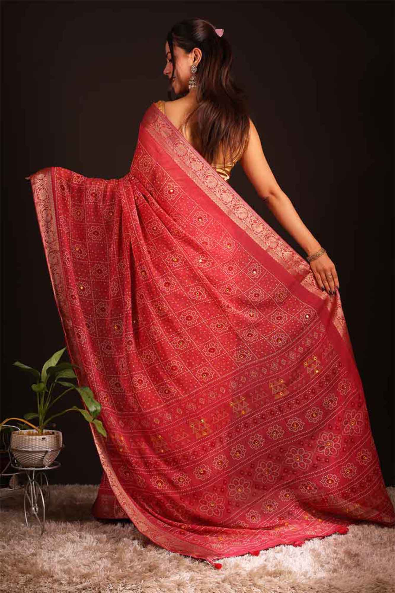 Pre-Stitched  Chiffon  Bandhej Print & Mirror Interwoven Jacquard Border Saree