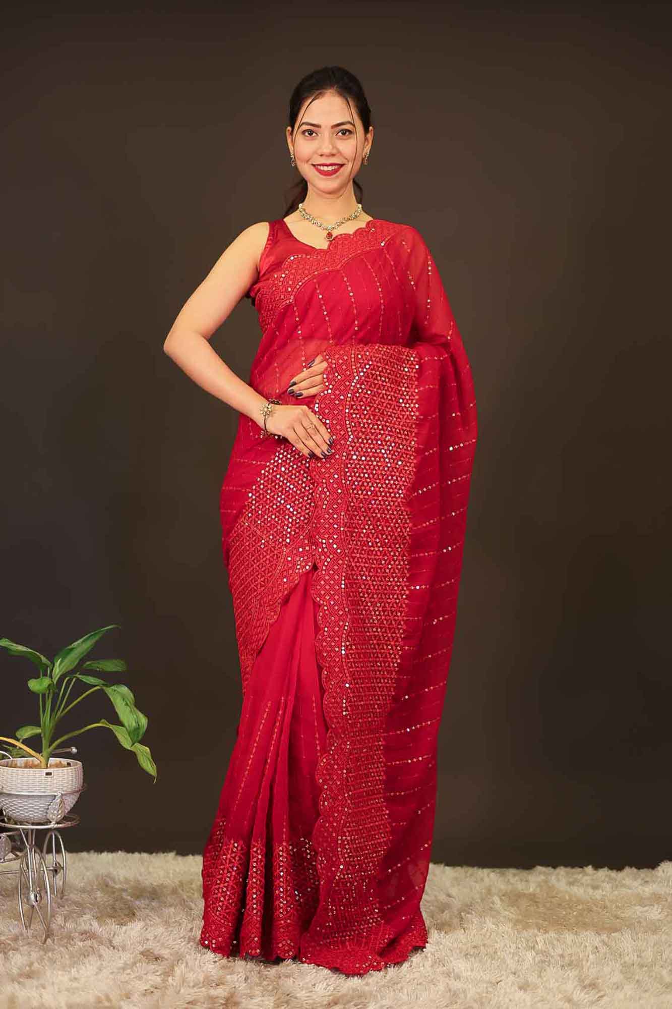 Georgette with Heavy Sequin Embroidery Work & scalloped Border Pre Drape Saree