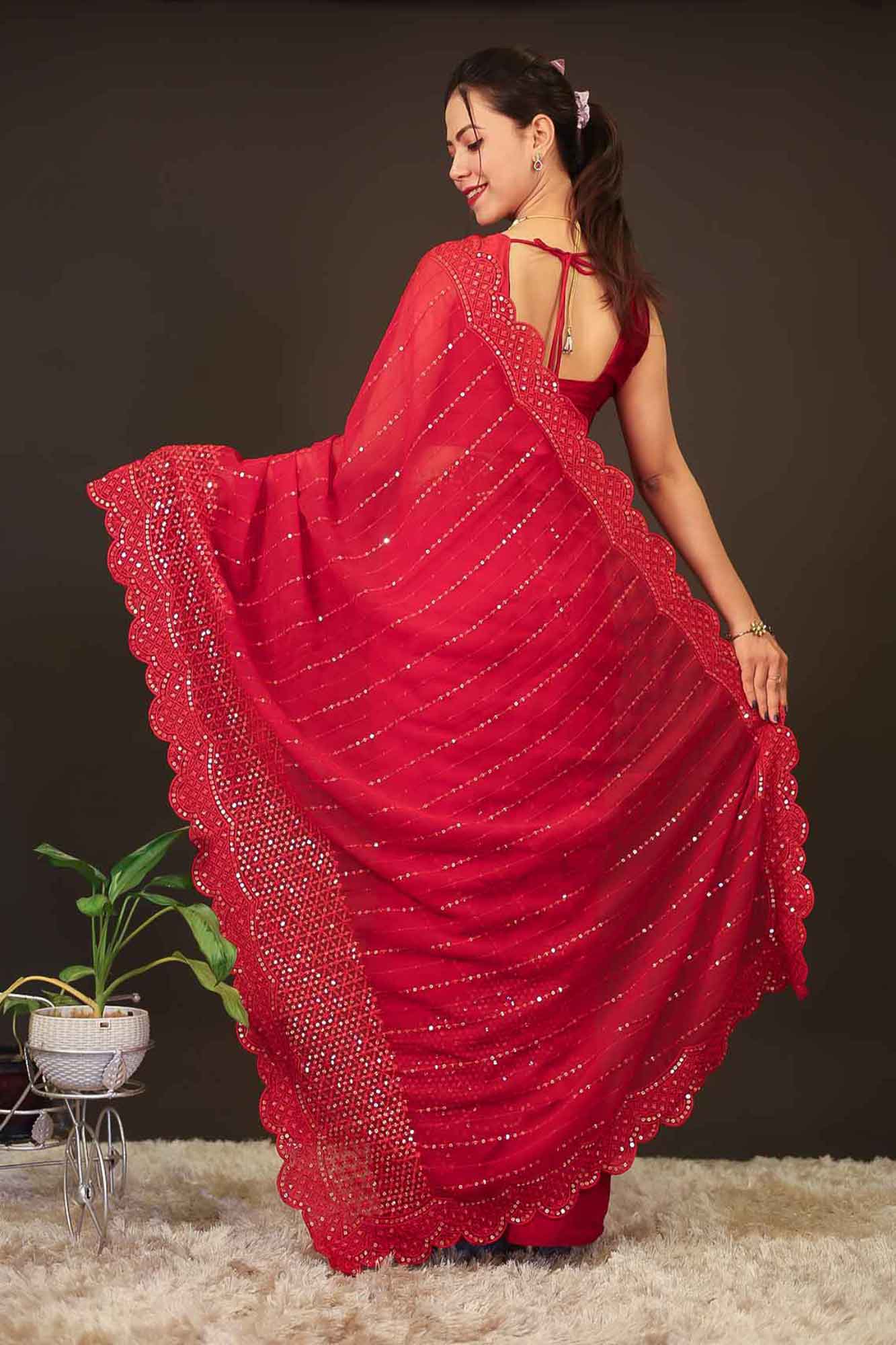 Georgette with Heavy Sequin Embroidery Work & scalloped Border Pre Drape Saree