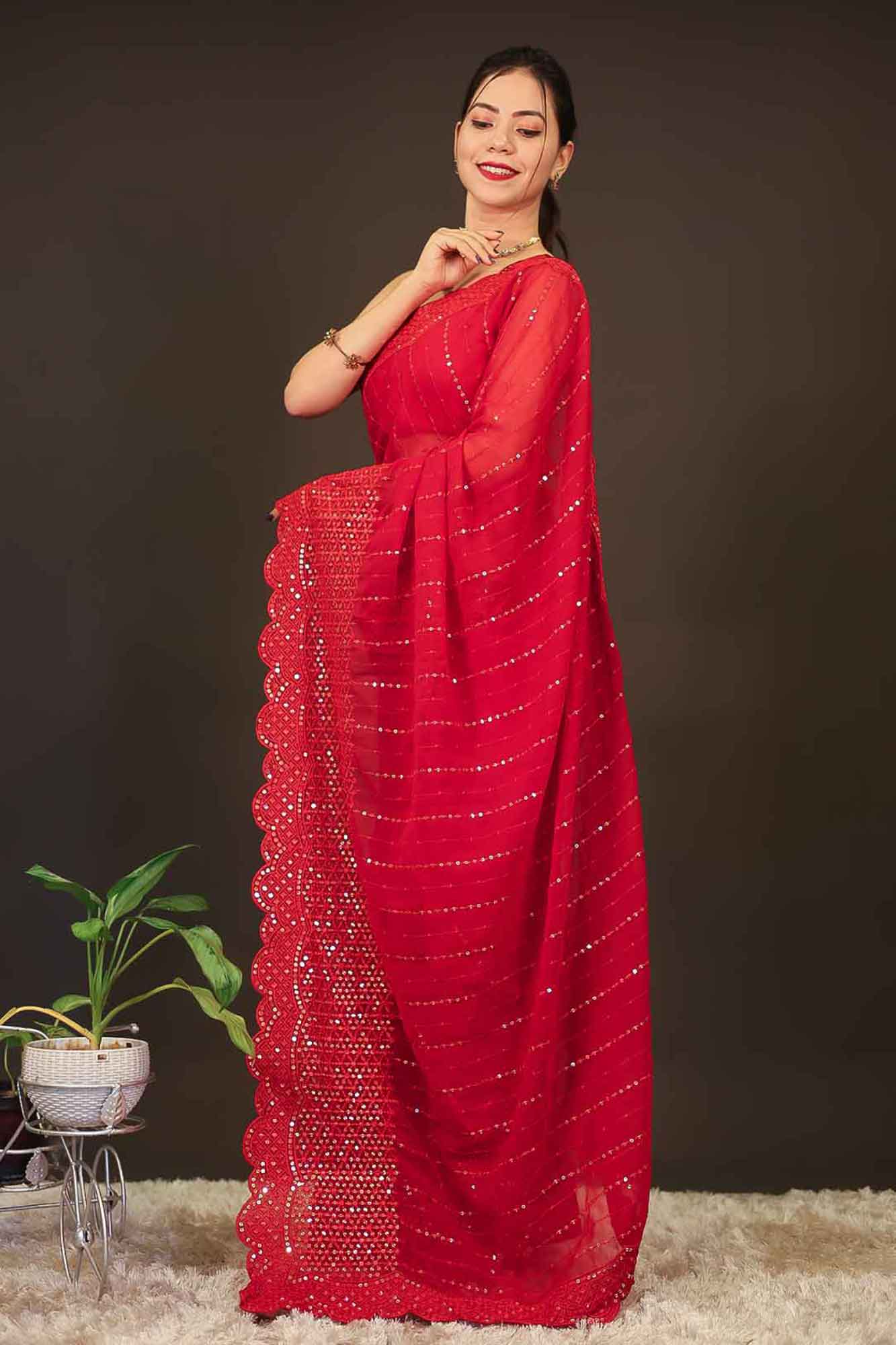 Georgette with Heavy Sequin Embroidery Work & scalloped Border Pre Drape Saree