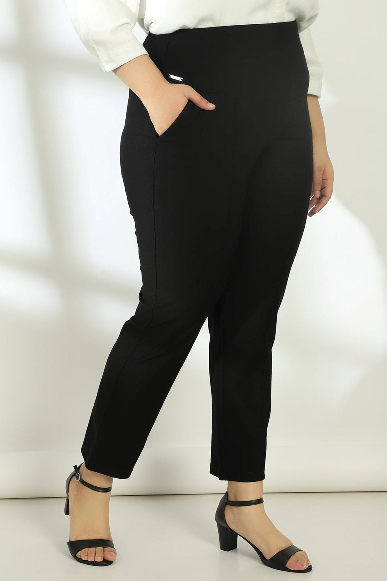 Plus Size Black Tummy Shaper Straight Fit Pants | Made to Order