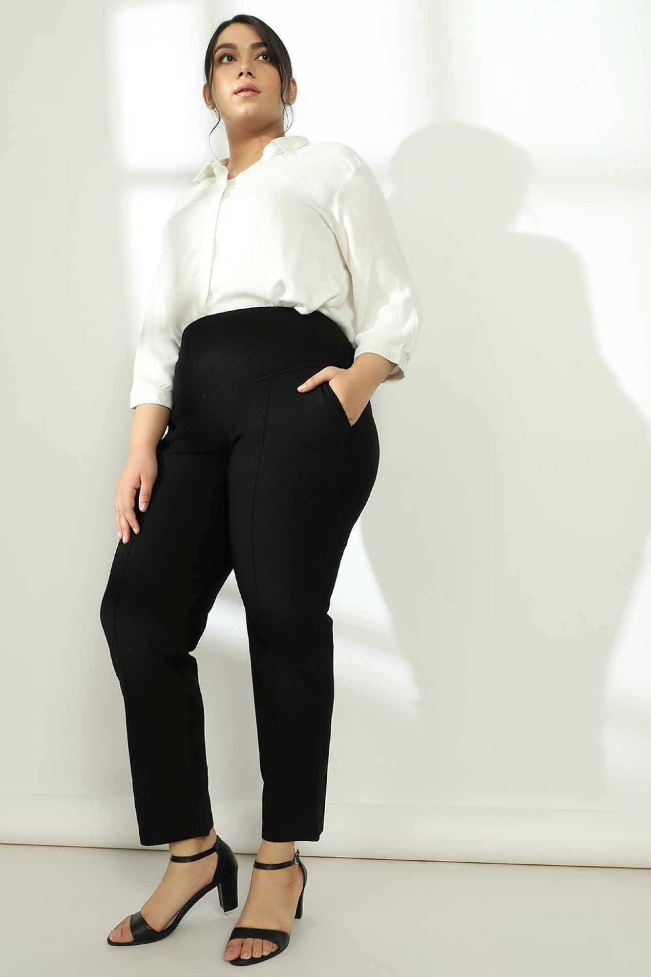 Plus Size Black Tummy Shaper Straight Fit Pants | Made to Order
