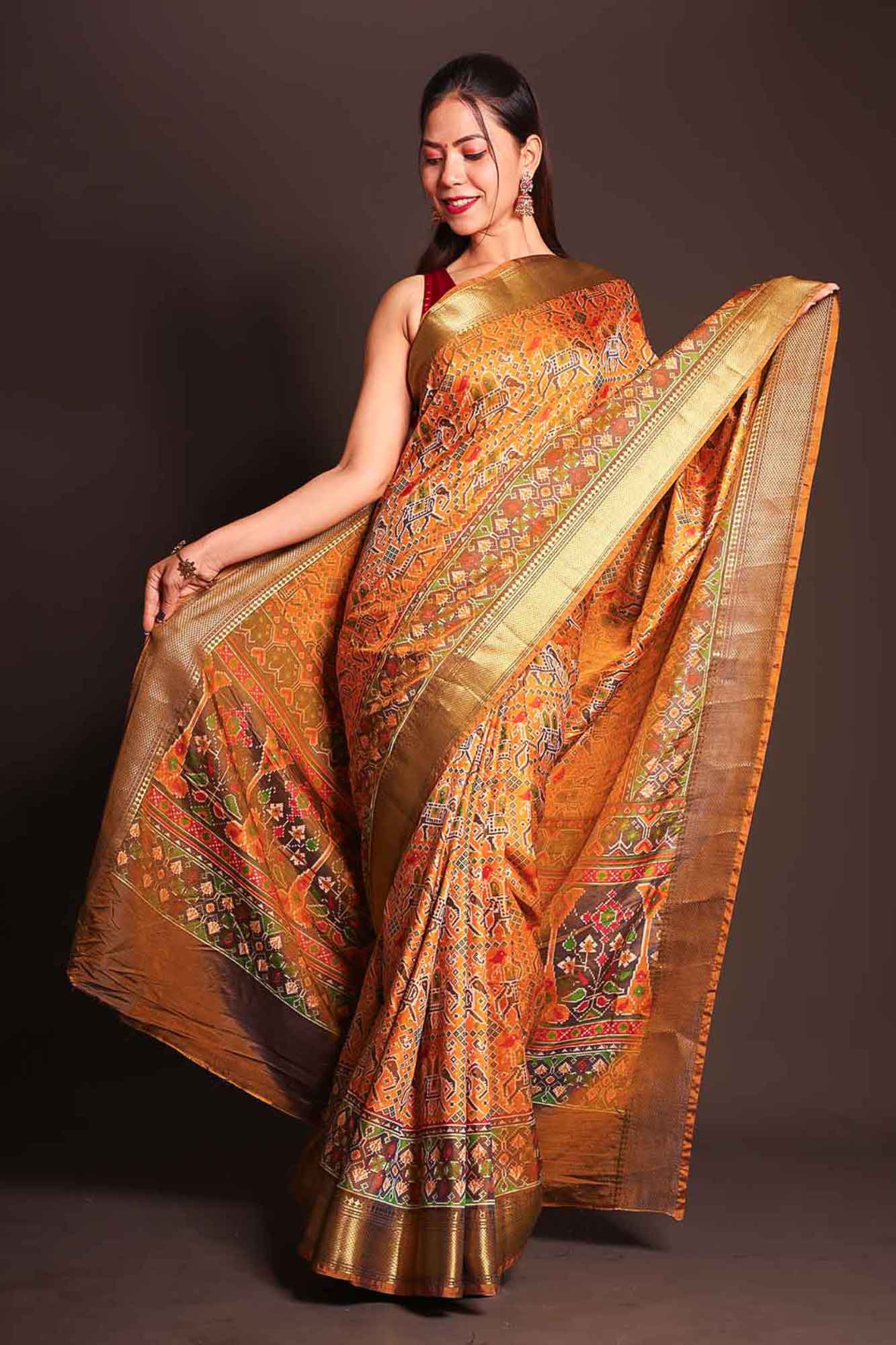 Premium Ikat Motif  & woven Zari Border & Designer Pallu Ready To Wear Saree