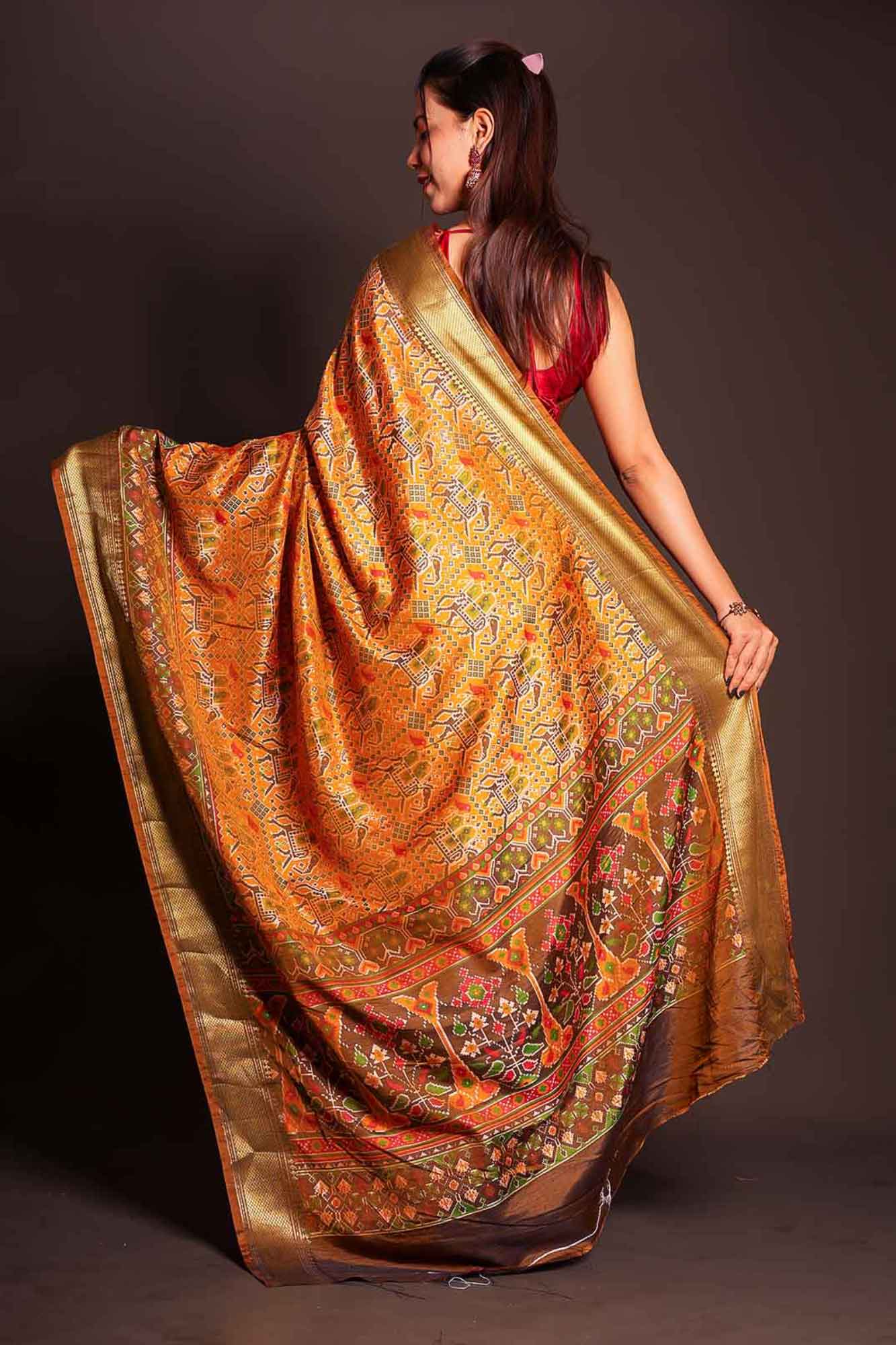 Premium Ikat Motif  & woven Zari Border & Designer Pallu Ready To Wear Saree