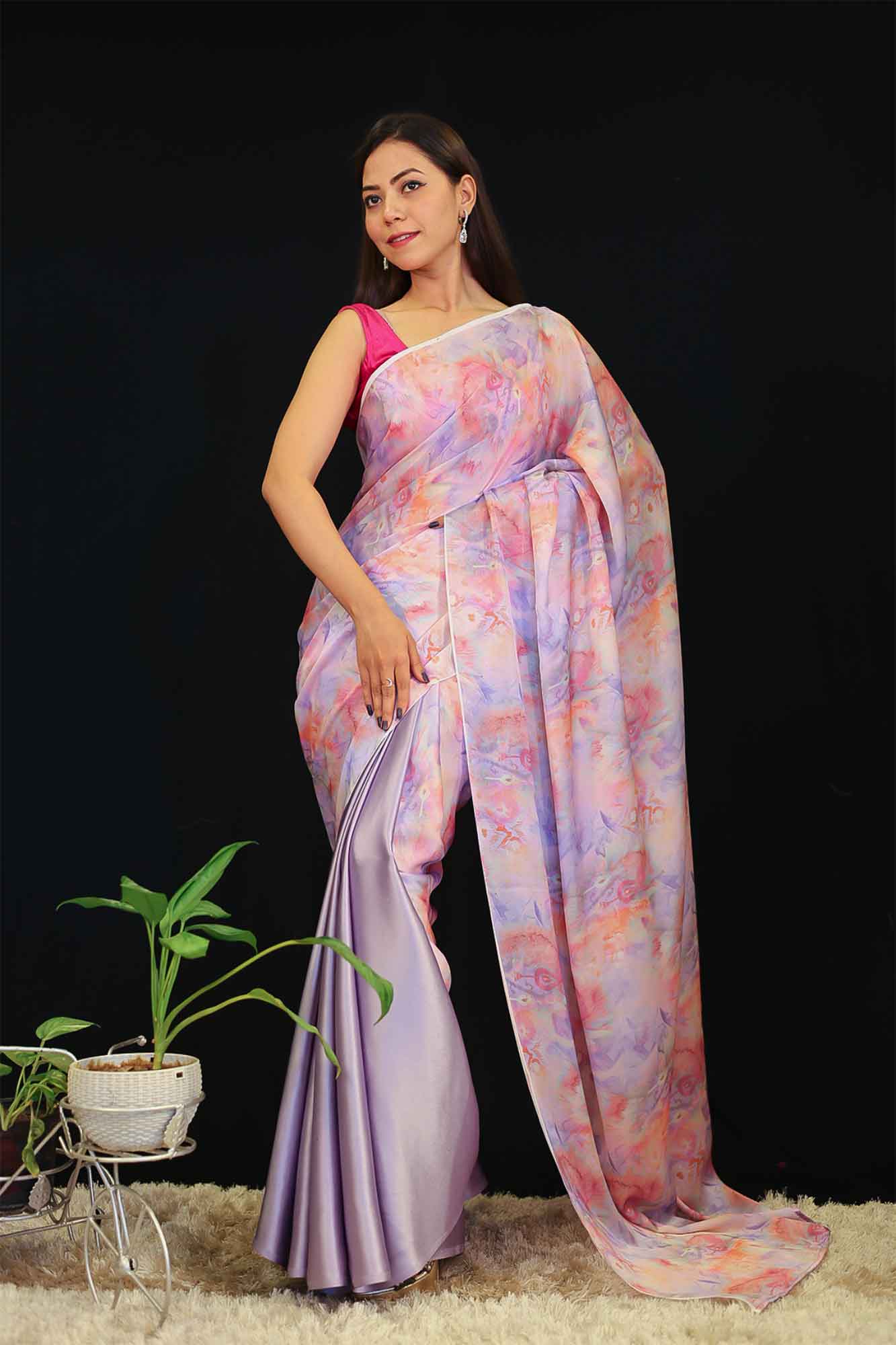 Beautiful Satin And printed Half and Half with colorful marble print wrap in 1 minute saree