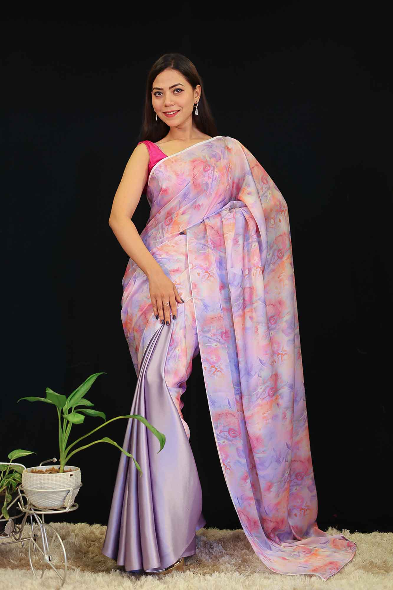 Beautiful Satin And printed Half and Half with colorful marble print wrap in 1 minute saree