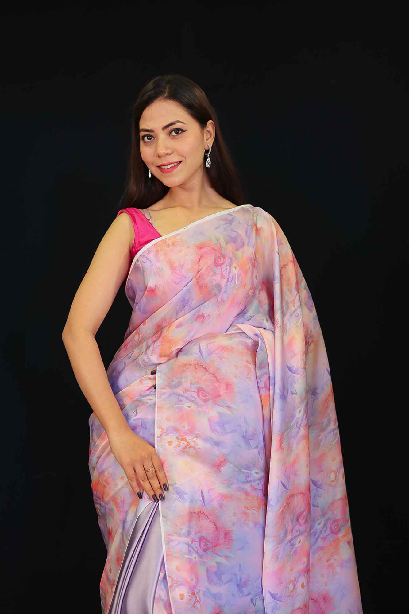 Beautiful Satin And printed Half and Half with colorful marble print wrap in 1 minute saree