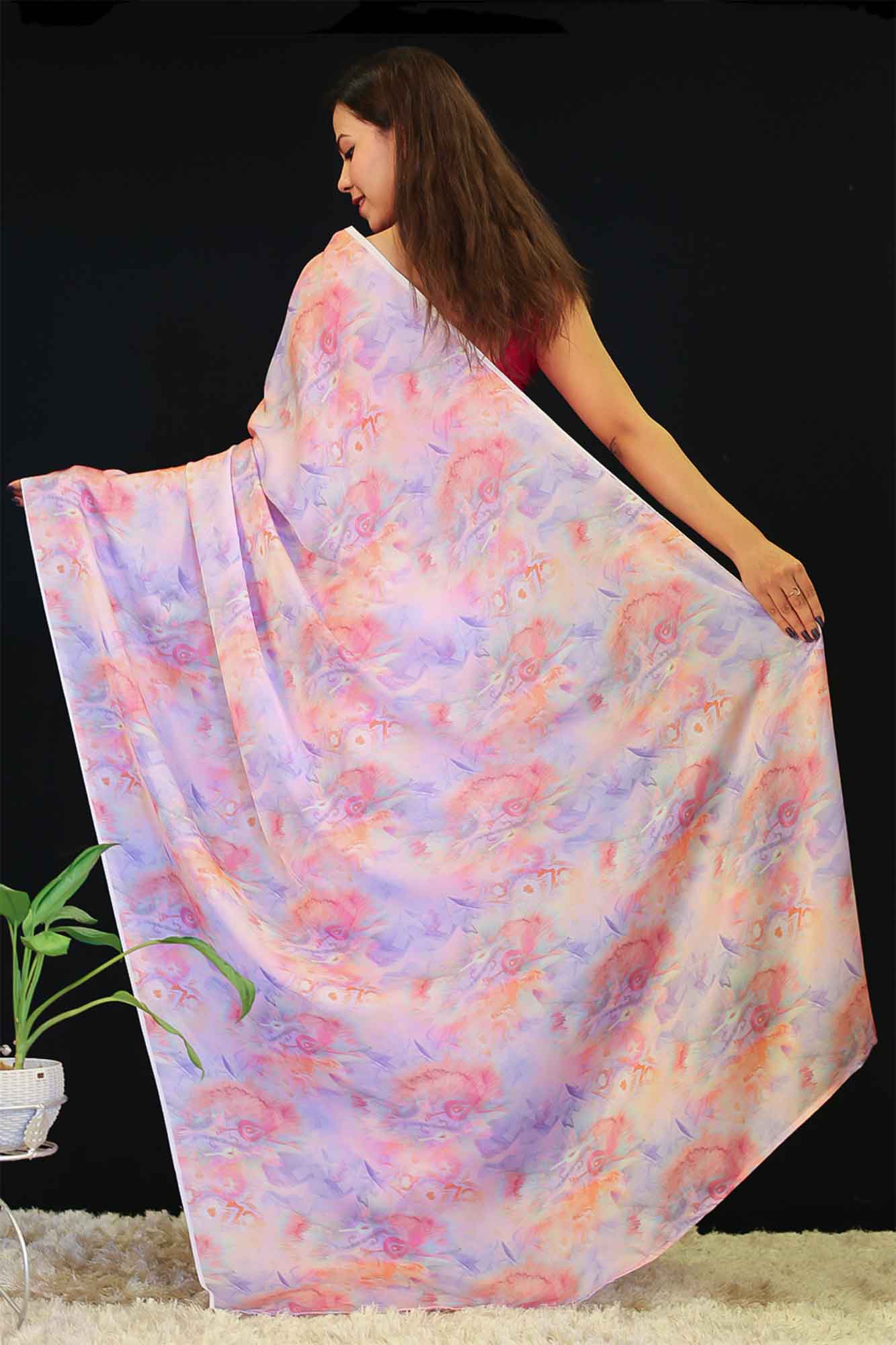 Beautiful Satin And printed Half and Half with colorful marble print wrap in 1 minute saree