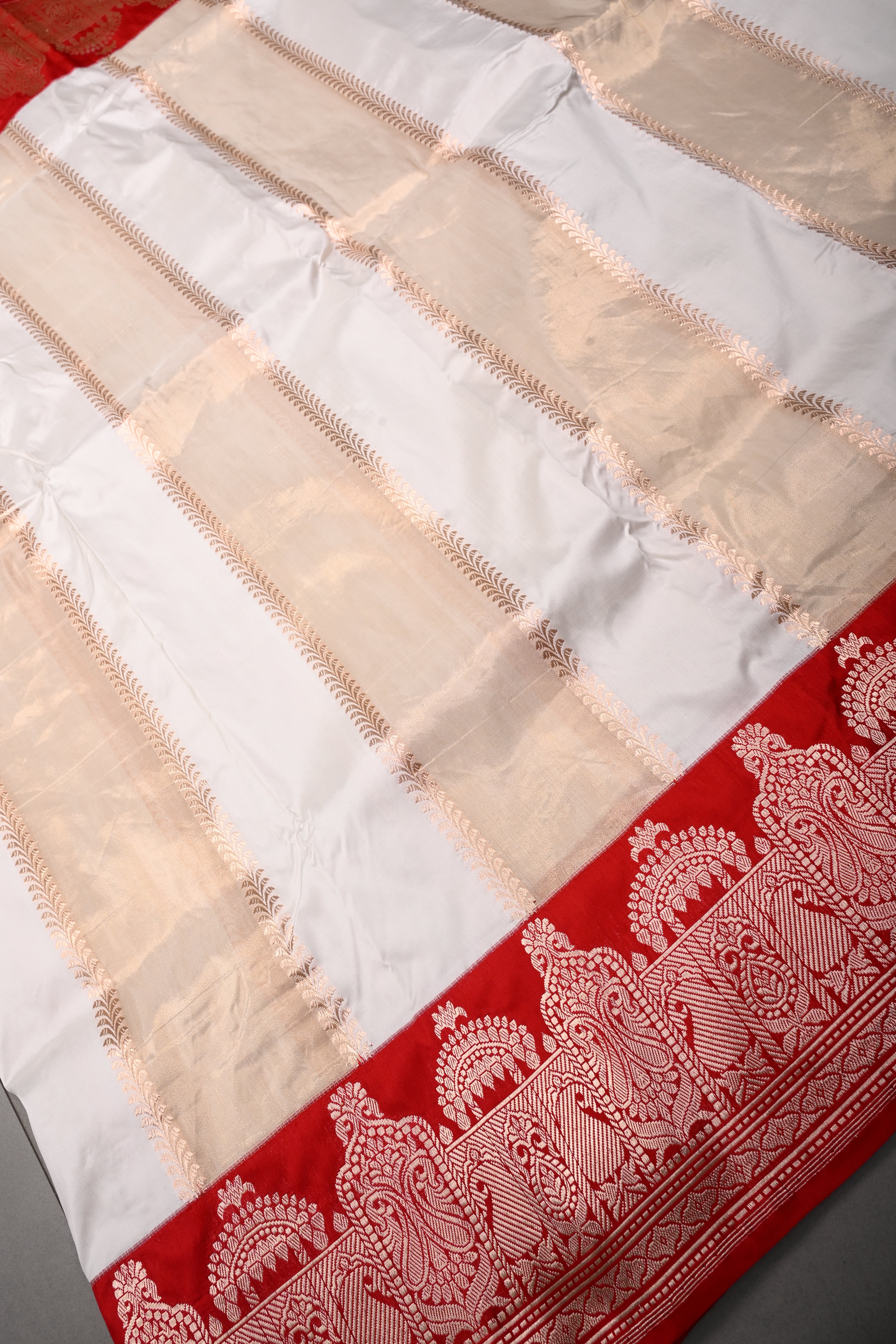 White-Tan Gold Jharoka Pattern on Pure Katan Silk Saree with Contrast Zari Borders | SILK MARK CERTIFIED | SHOBITAM