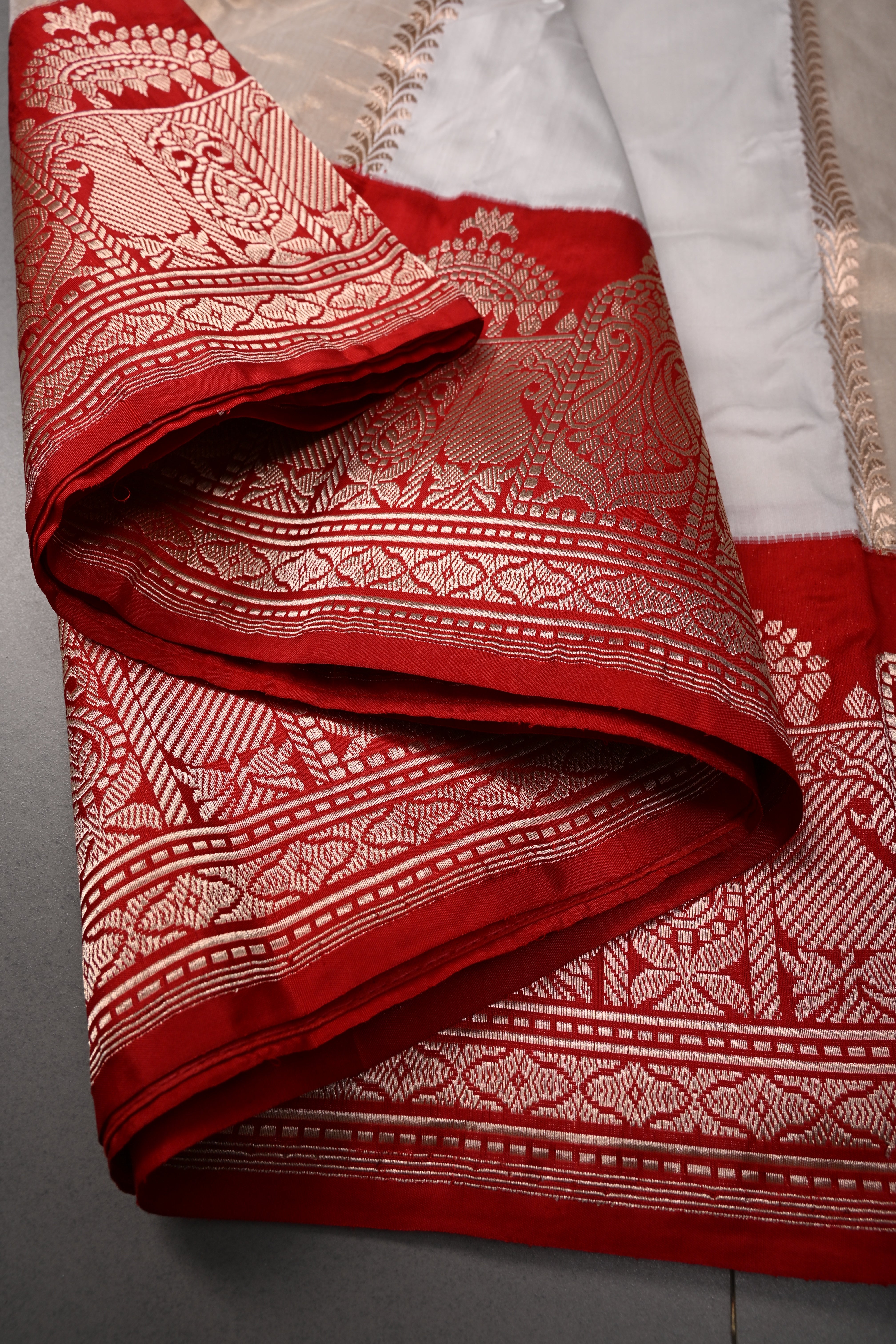 White-Tan Gold Jharoka Pattern on Pure Katan Silk Saree with Contrast Zari Borders | SILK MARK CERTIFIED | SHOBITAM