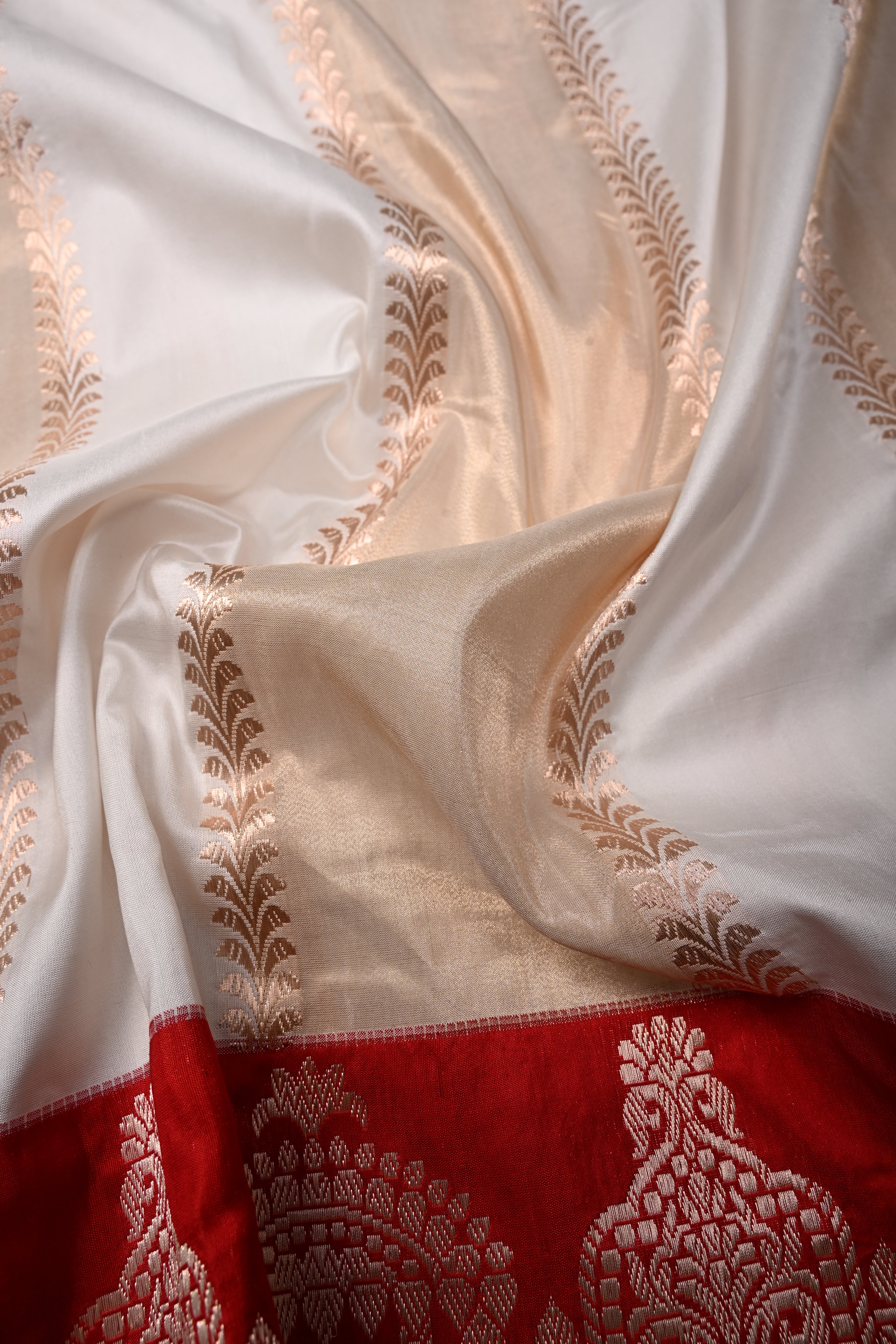 White-Tan Gold Jharoka Pattern on Pure Katan Silk Saree with Contrast Zari Borders | SILK MARK CERTIFIED | SHOBITAM