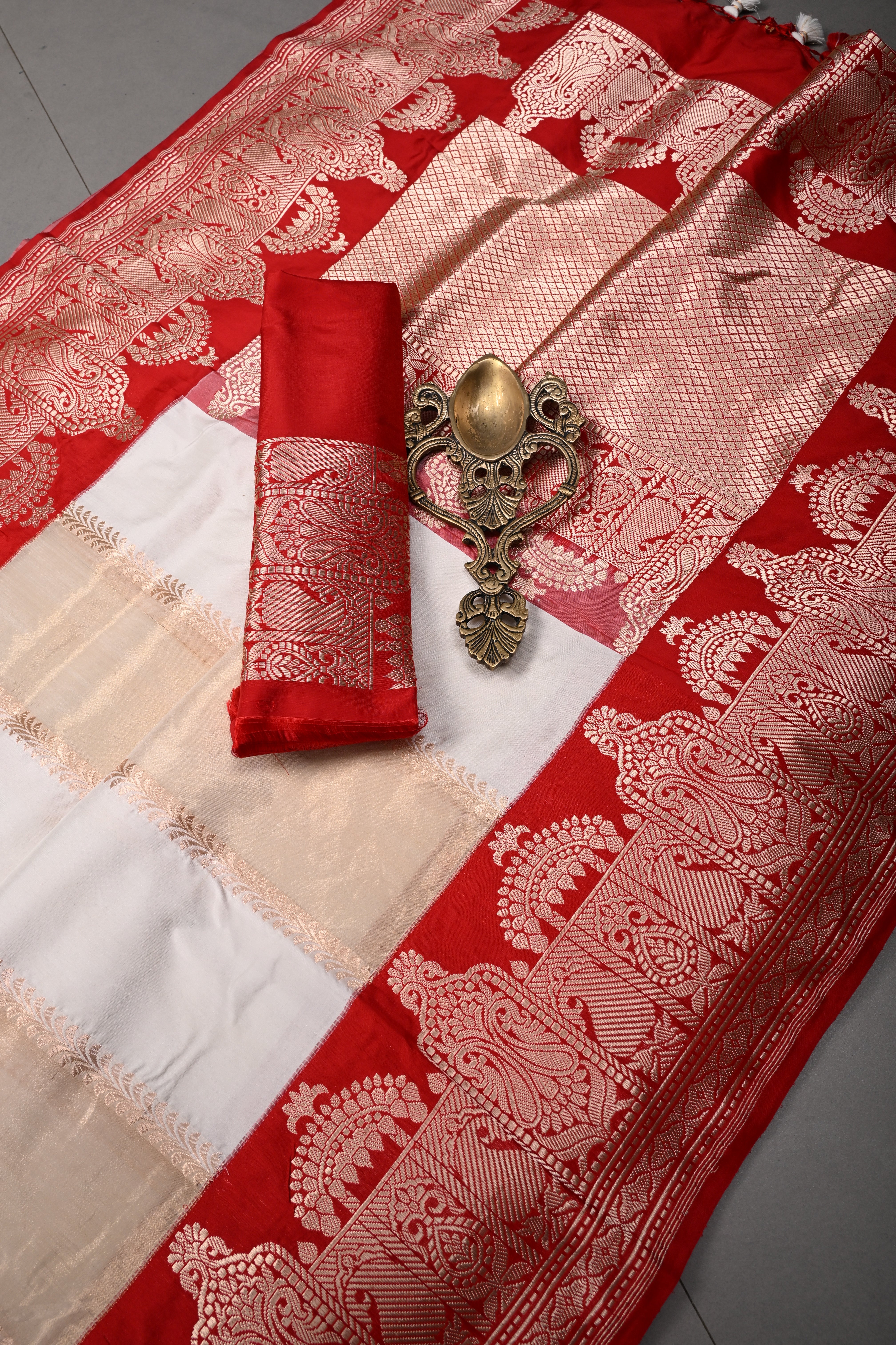 White-Tan Gold Jharoka Pattern on Pure Katan Silk Saree with Contrast Zari Borders | SILK MARK CERTIFIED | SHOBITAM
