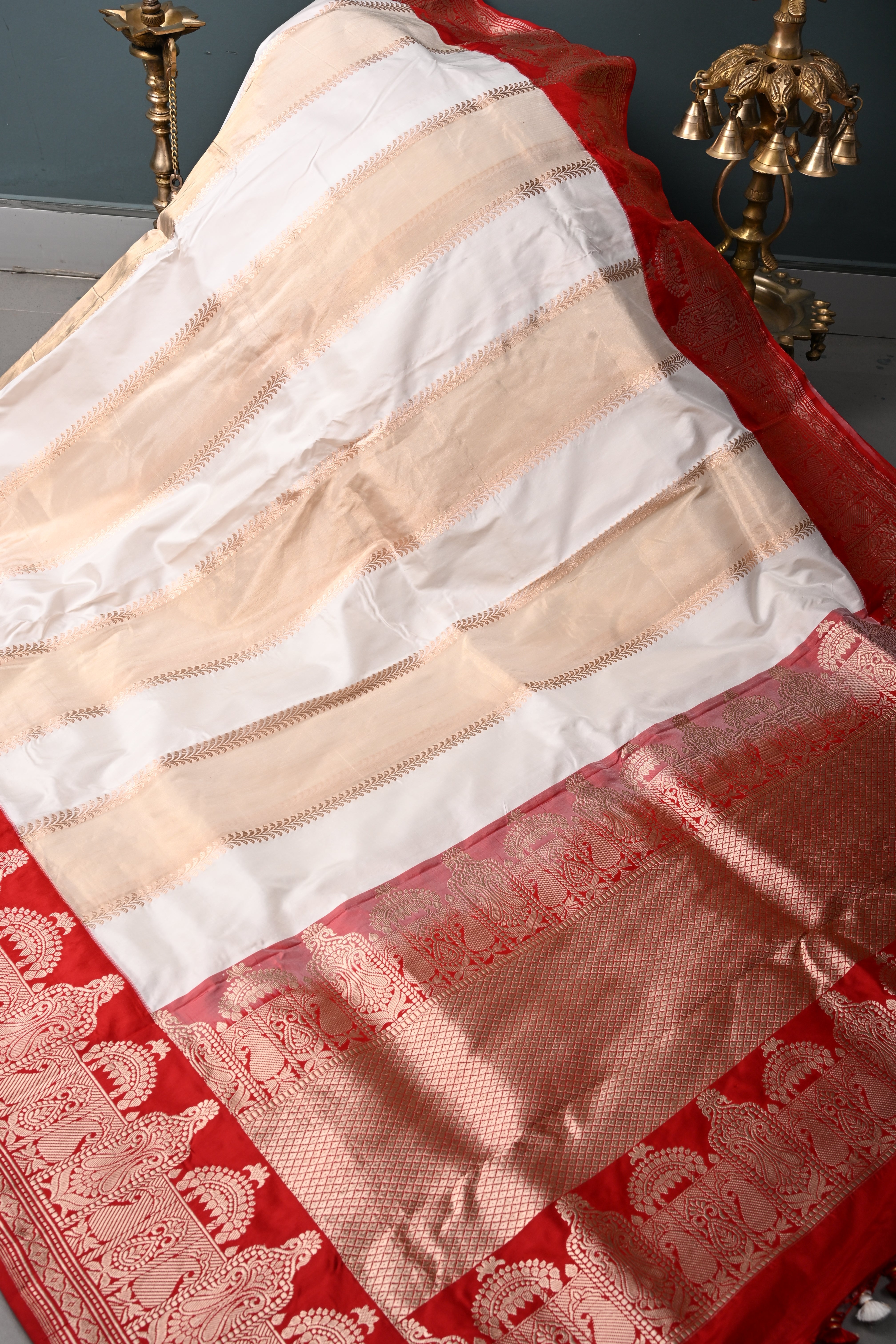 White-Tan Gold Jharoka Pattern on Pure Katan Silk Saree with Contrast Zari Borders | SILK MARK CERTIFIED | SHOBITAM