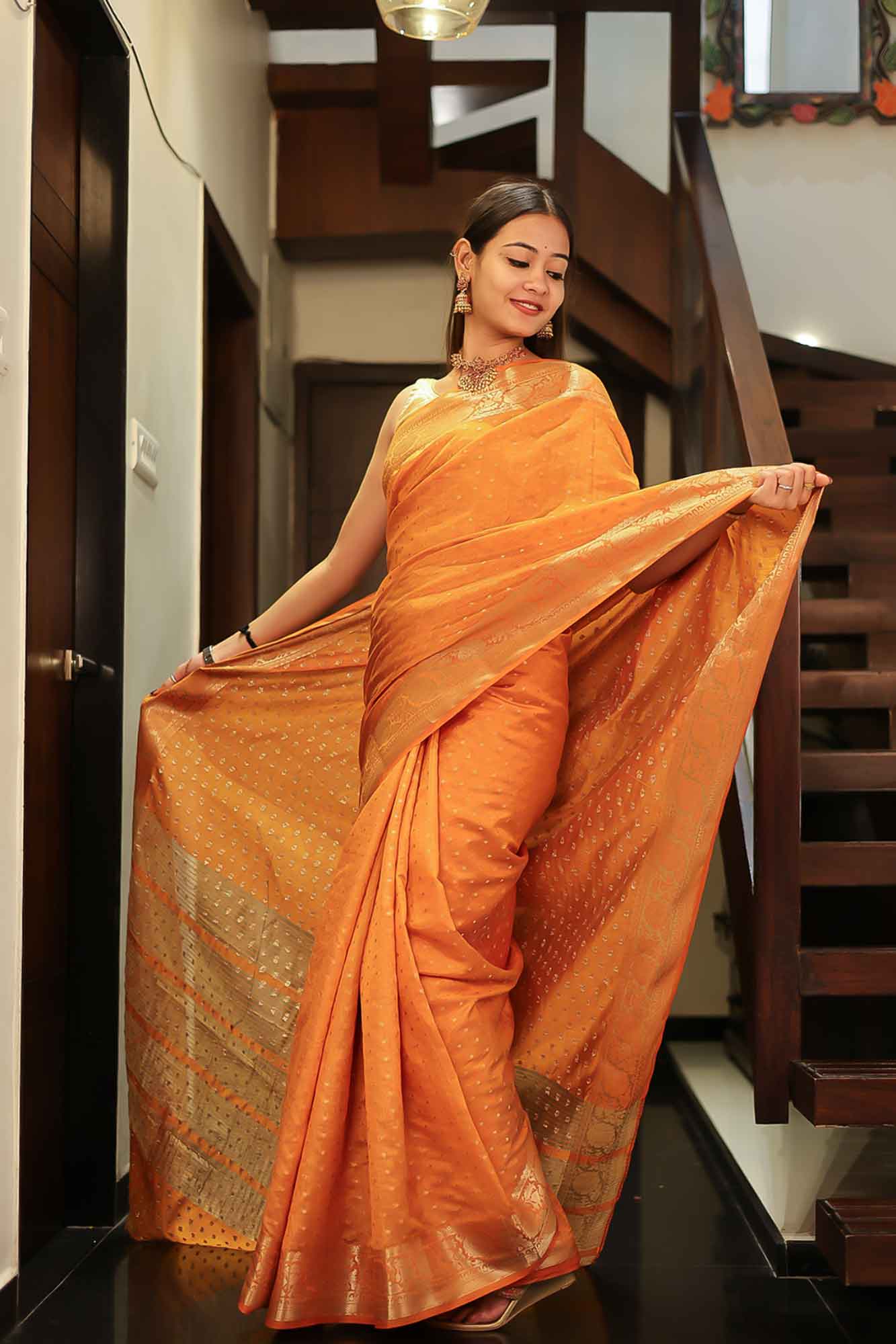 Predraped golden yellowish orange banarase  with  zari woven Wrap in 1 minute Saree