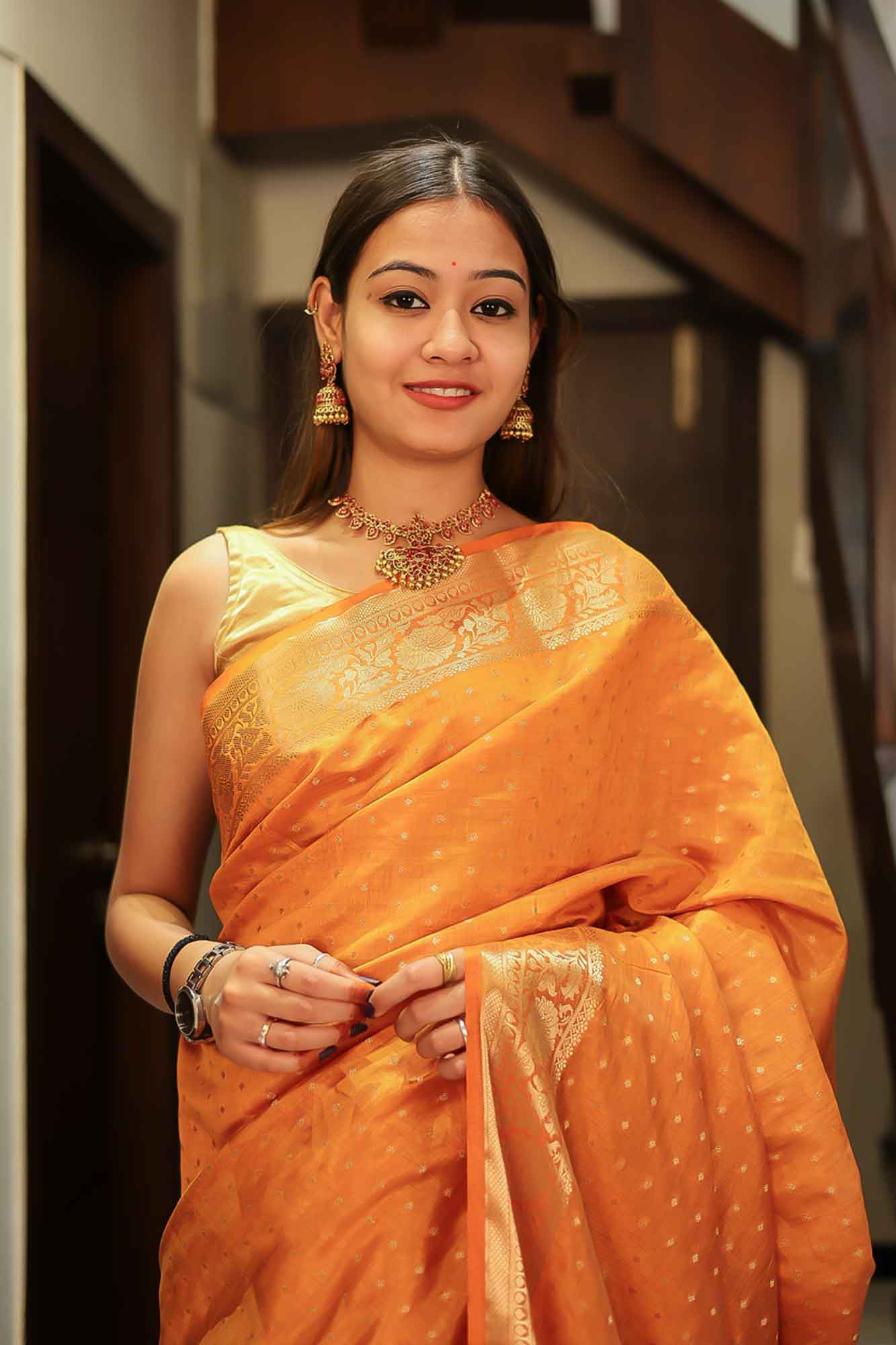 Predraped golden yellowish orange banarase  with  zari woven Wrap in 1 minute Saree