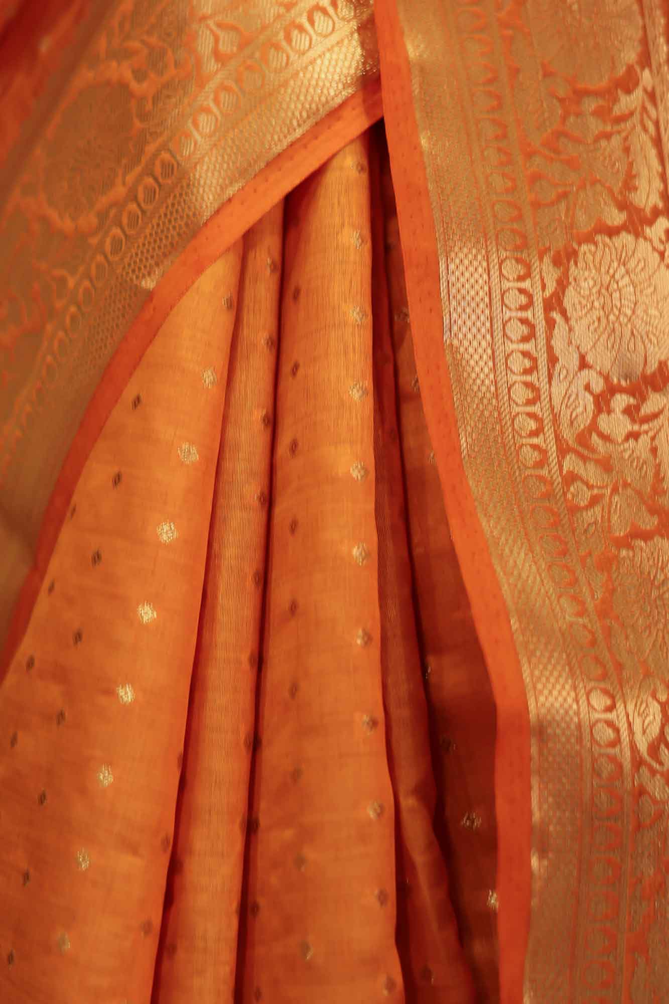 Predraped golden yellowish orange banarase  with  zari woven Wrap in 1 minute Saree