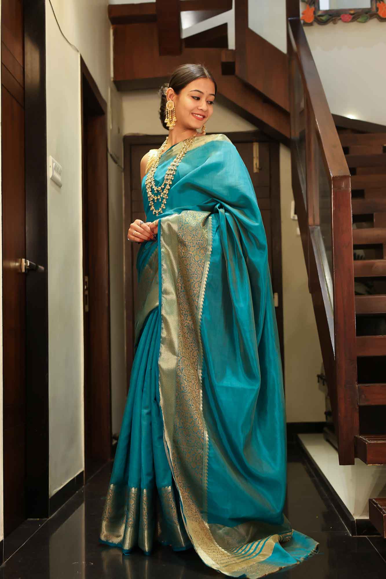 Solid banarasi with zari woven border Wrap in 1 minute Saree