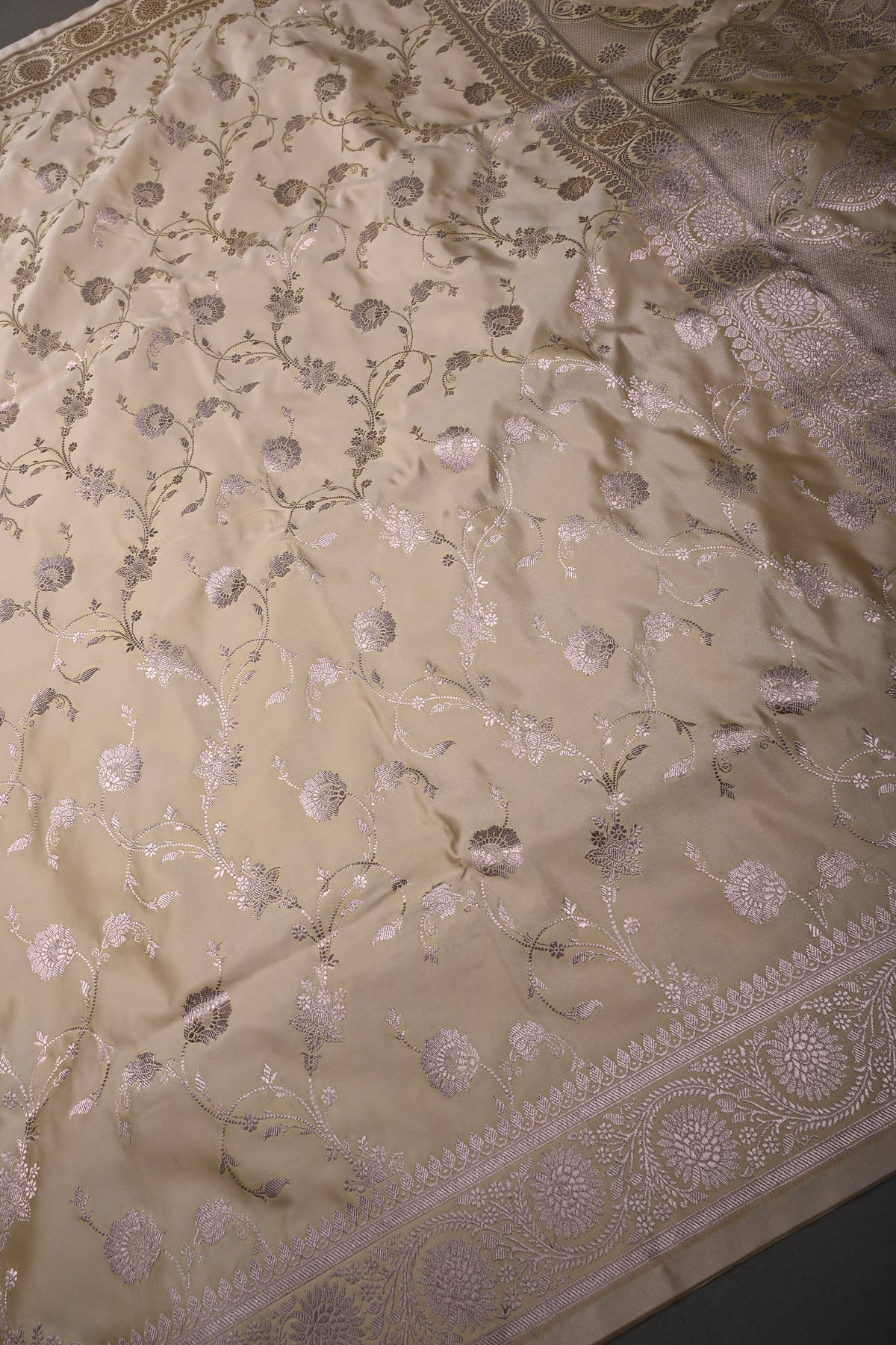 Beige Gold Banarasi Semi Mashru Silk Saree with Floral Jaal Design and Zari Border | SHOBITAM