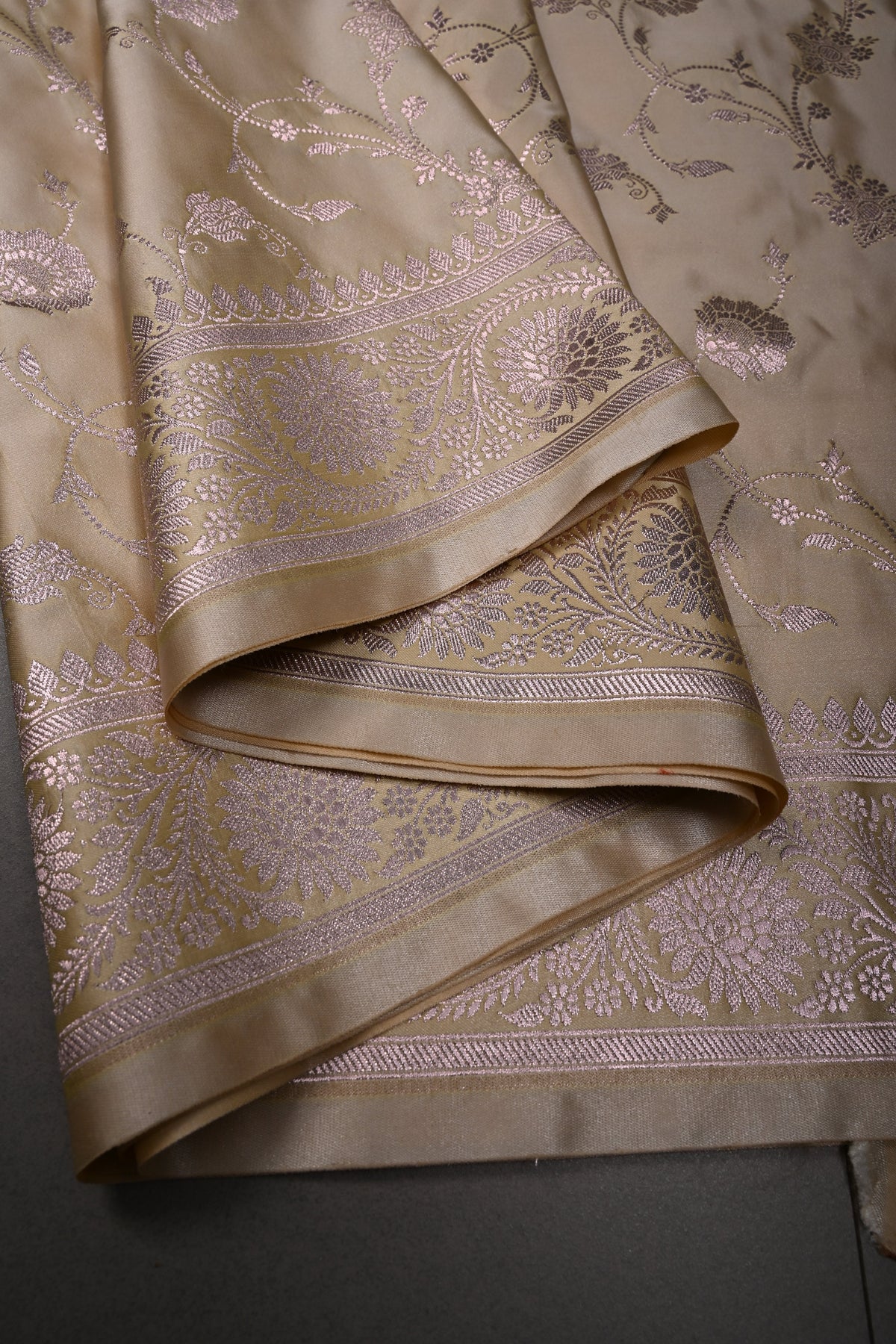 Beige Gold Banarasi Semi Mashru Silk Saree with Floral Jaal Design and Zari Border | SHOBITAM