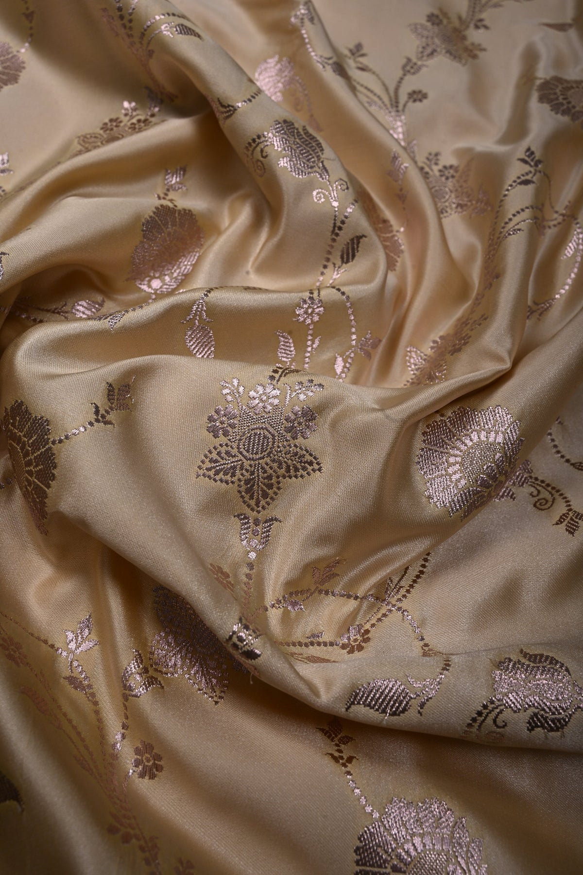 Beige Gold Banarasi Semi Mashru Silk Saree with Floral Jaal Design and Zari Border | SHOBITAM