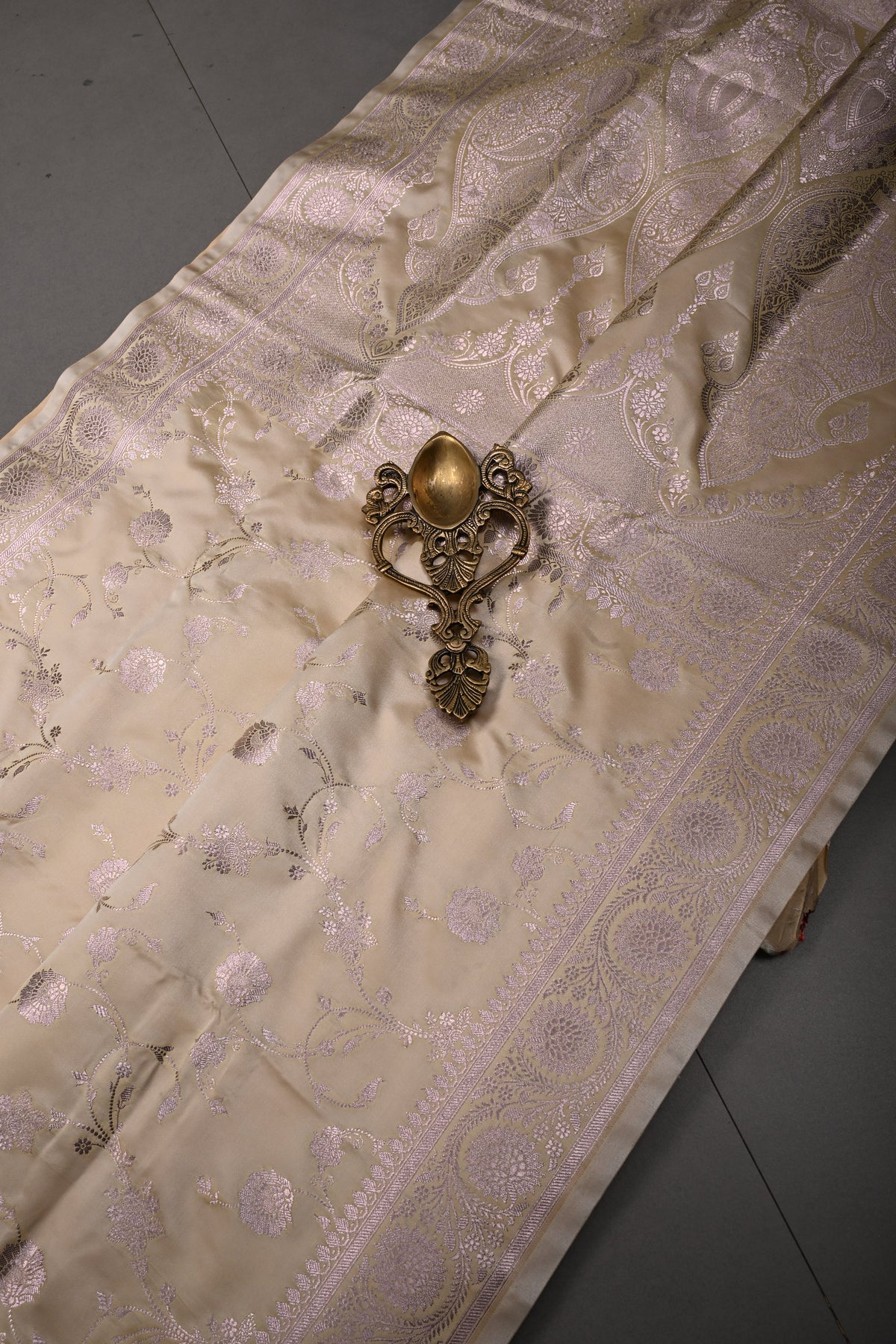 Beige Gold Banarasi Semi Mashru Silk Saree with Floral Jaal Design and Zari Border | SHOBITAM
