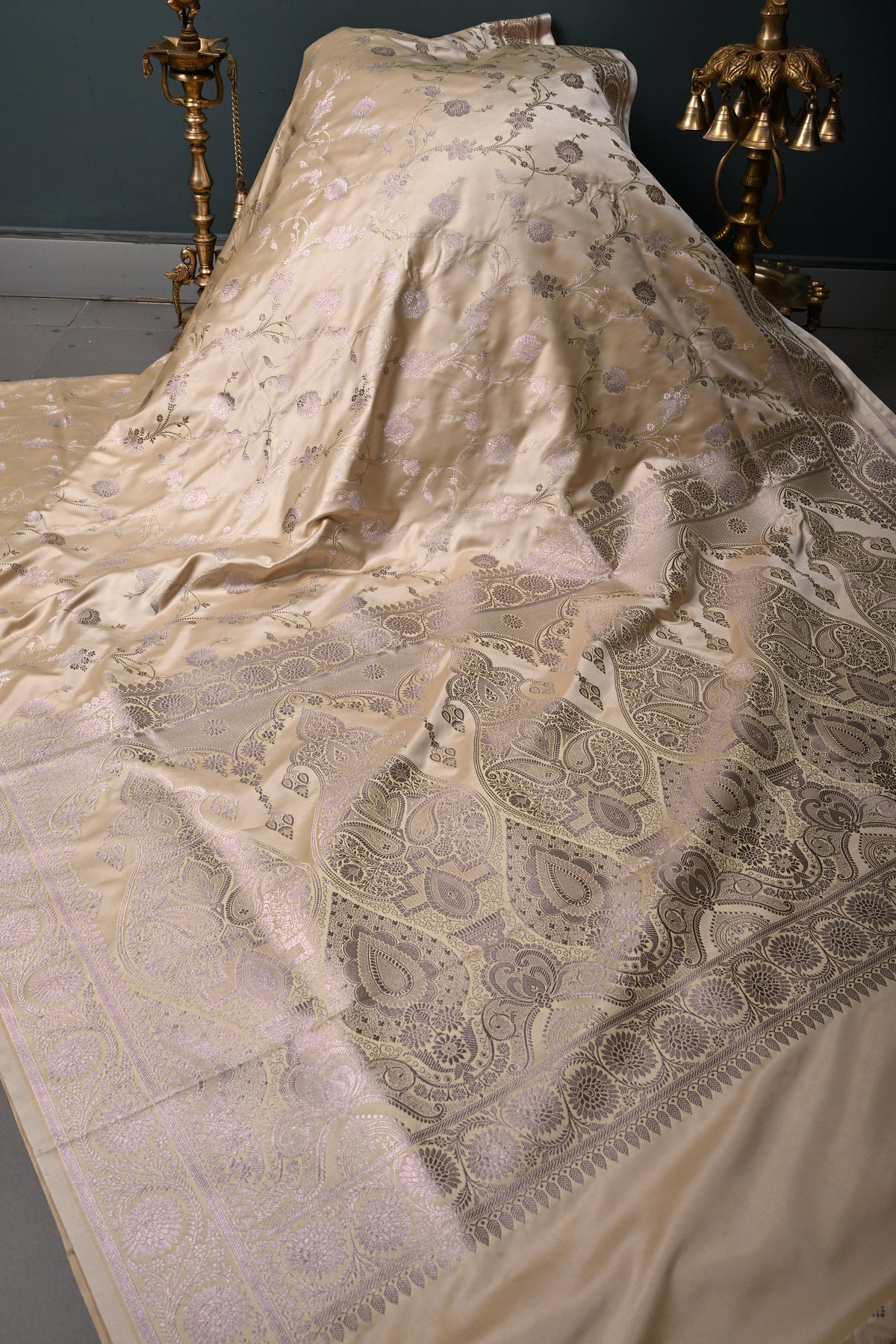 Beige Gold Banarasi Semi Mashru Silk Saree with Floral Jaal Design and Zari Border | SHOBITAM