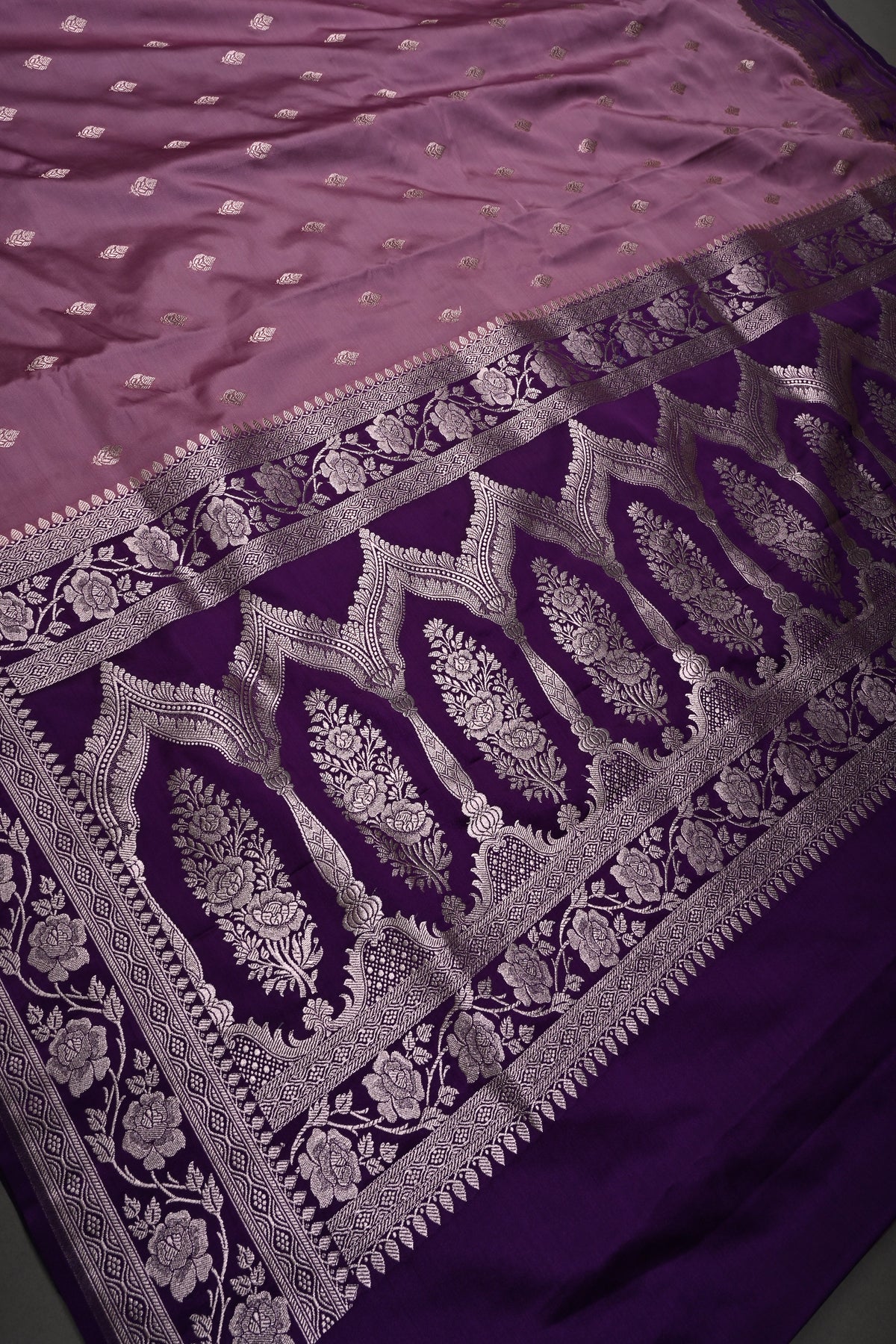 Mauve Banarasi Semi Mashru Silk Saree with Gold Zari Buttas and Contrast Zari Border | SHOBITAM