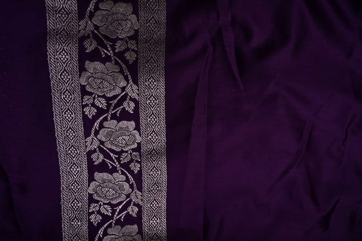 Mauve Banarasi Semi Mashru Silk Saree with Gold Zari Buttas and Contrast Zari Border | SHOBITAM