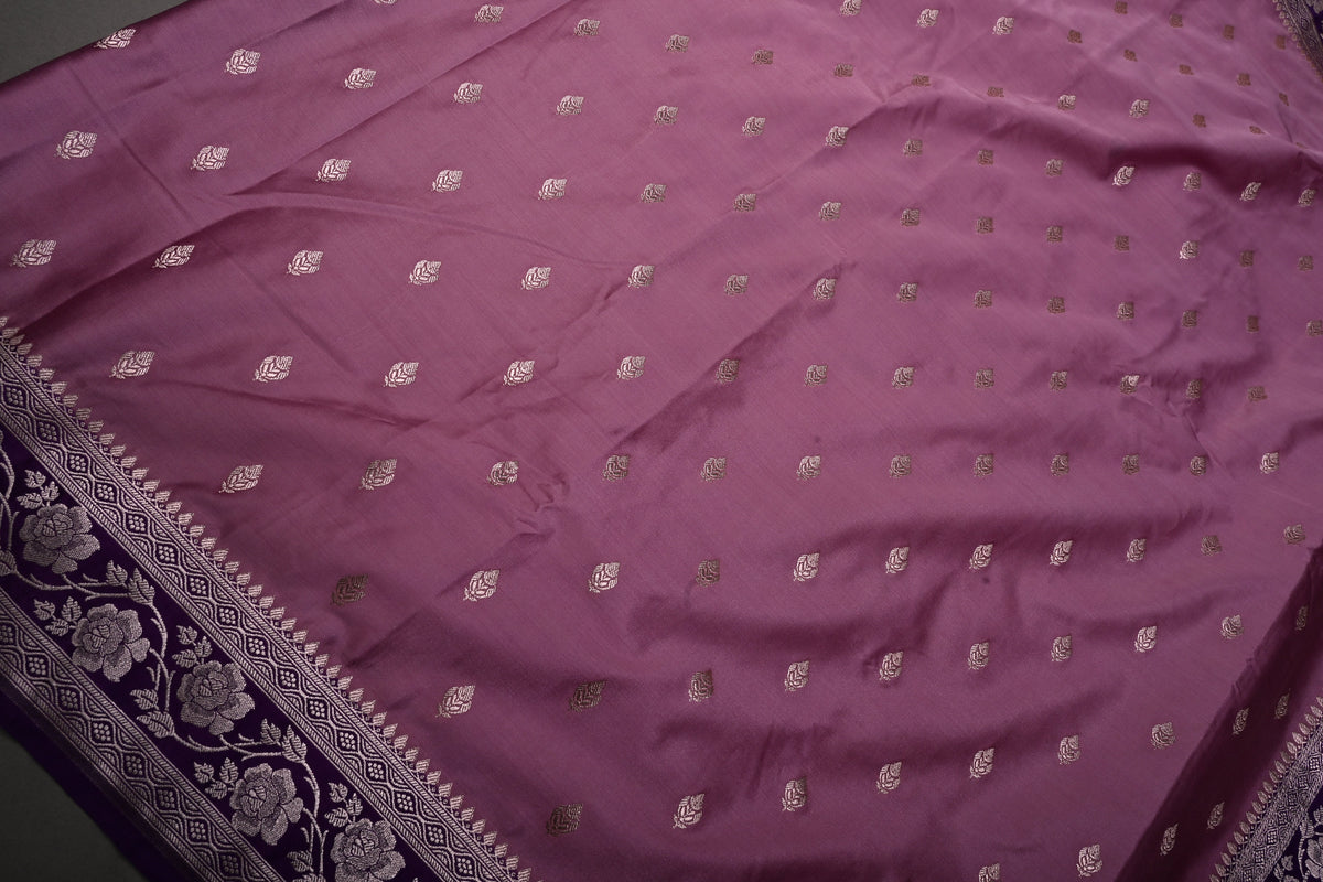 Mauve Banarasi Semi Mashru Silk Saree with Gold Zari Buttas and Contrast Zari Border | SHOBITAM