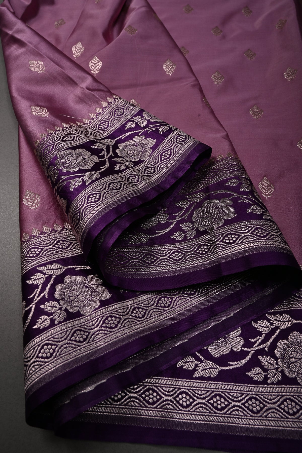 Mauve Banarasi Semi Mashru Silk Saree with Gold Zari Buttas and Contrast Zari Border | SHOBITAM